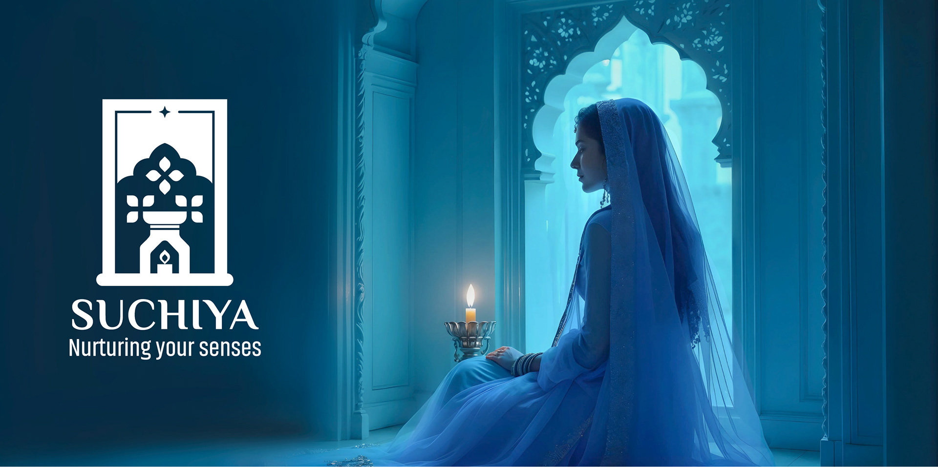 Suchiya home fragrances brand: logo beside an illustration of a woman by an arched window with a lamp, branding by Atma Studios