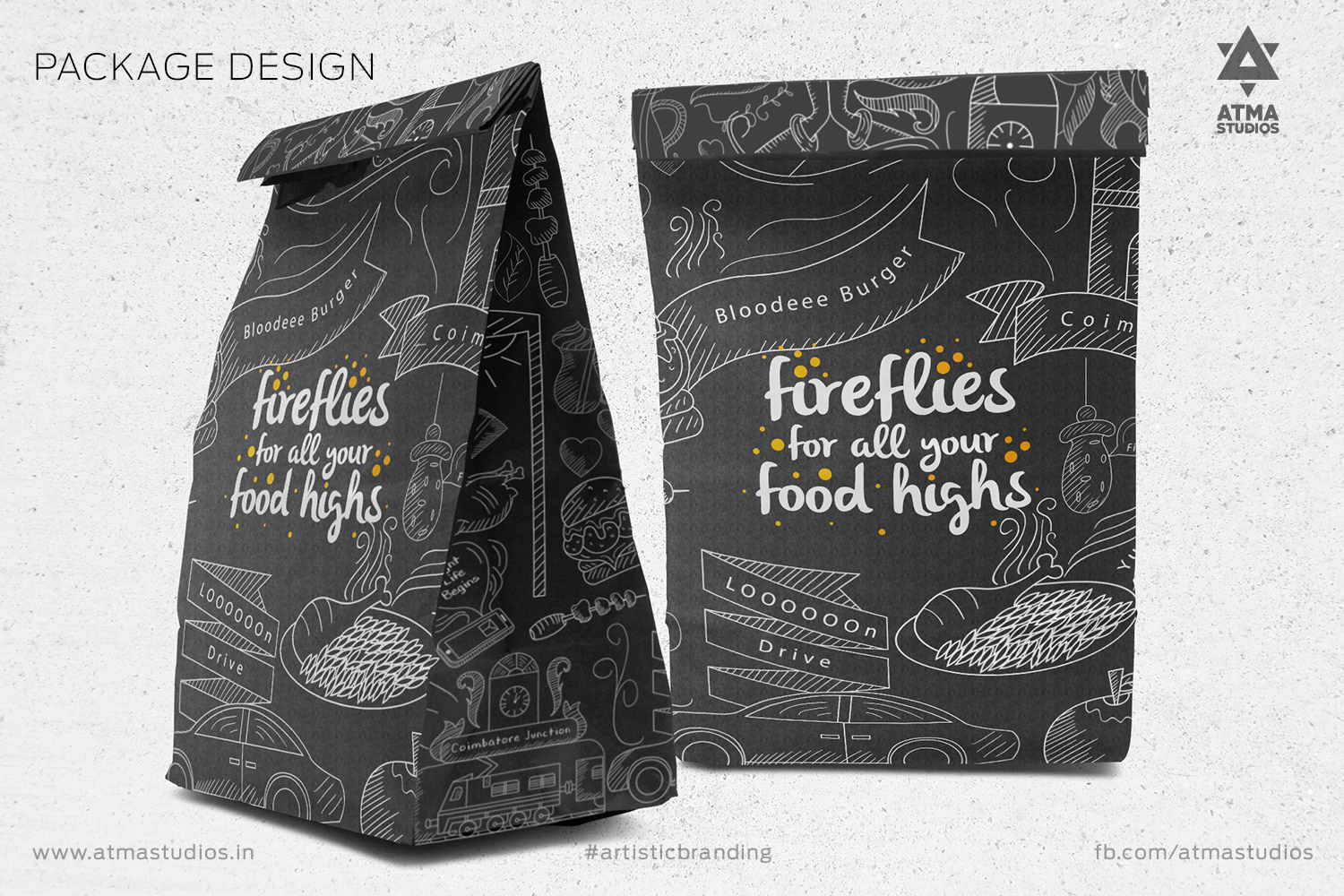 Fireflies takeaway paper bag packaging with chalk-style food illustrations