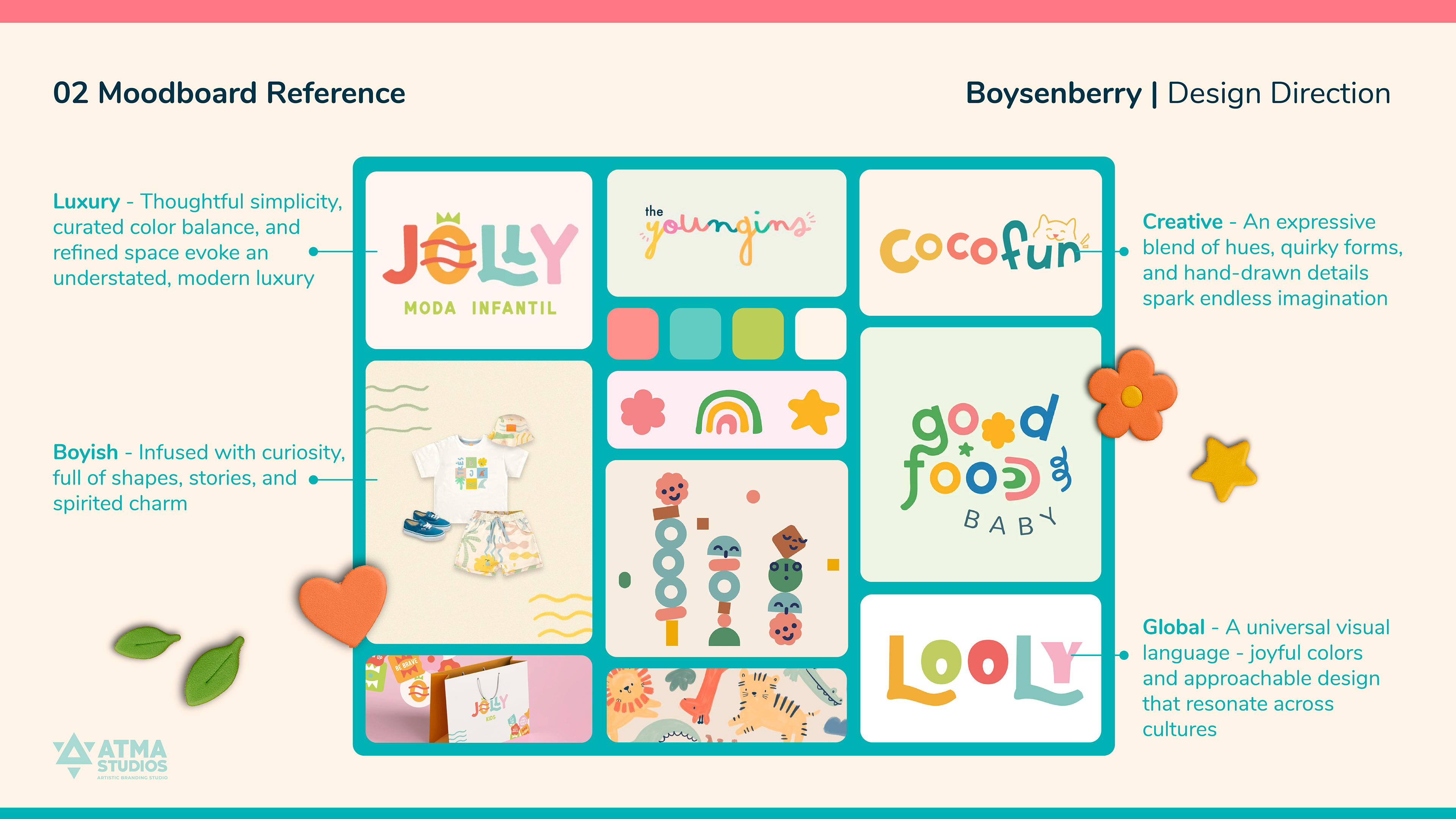Boysenberry boys clothing brand: moodboard references with playful logos and colours