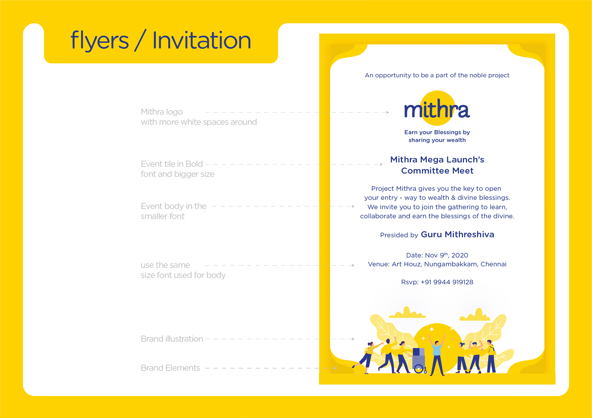Mithra donation platform brand guidelines: flyer and invitation design with event details