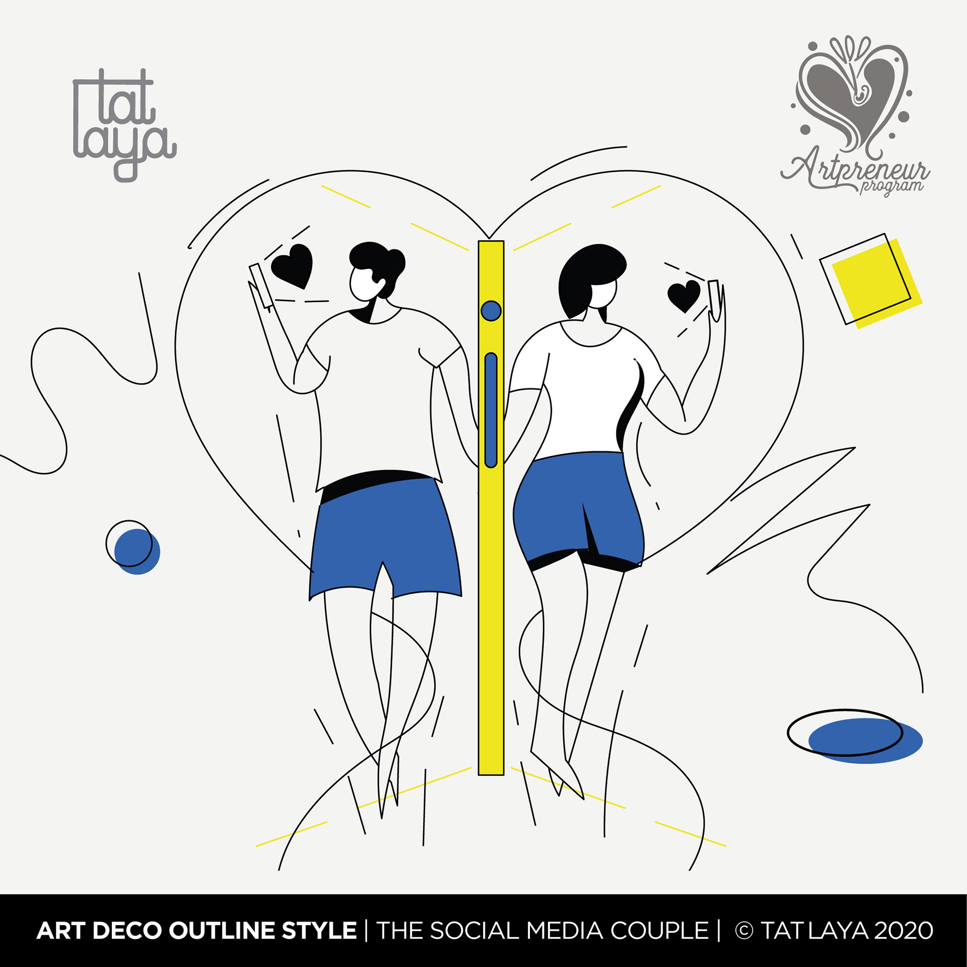 12 types of contemporary couple in Art Deco outline style: #3 The social media couple