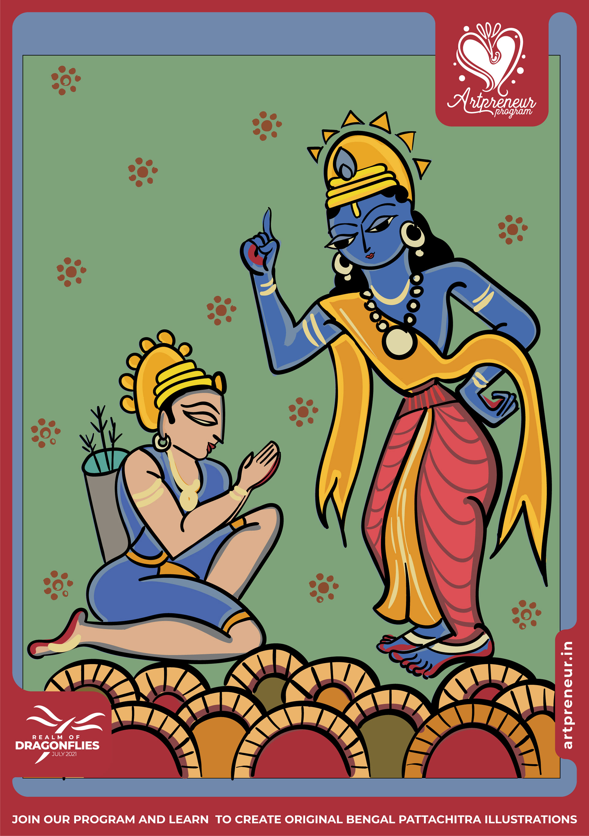 50 Bengal Pattachitra Indian folk illustrations: #25 Rama with a sage