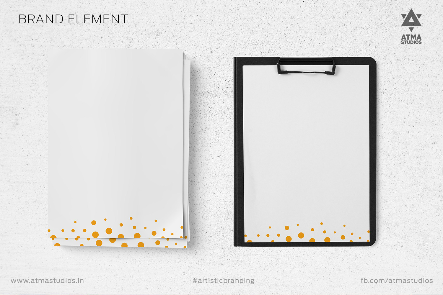 Fireflies brand element: yellow dot pattern on a notepad and clipboard