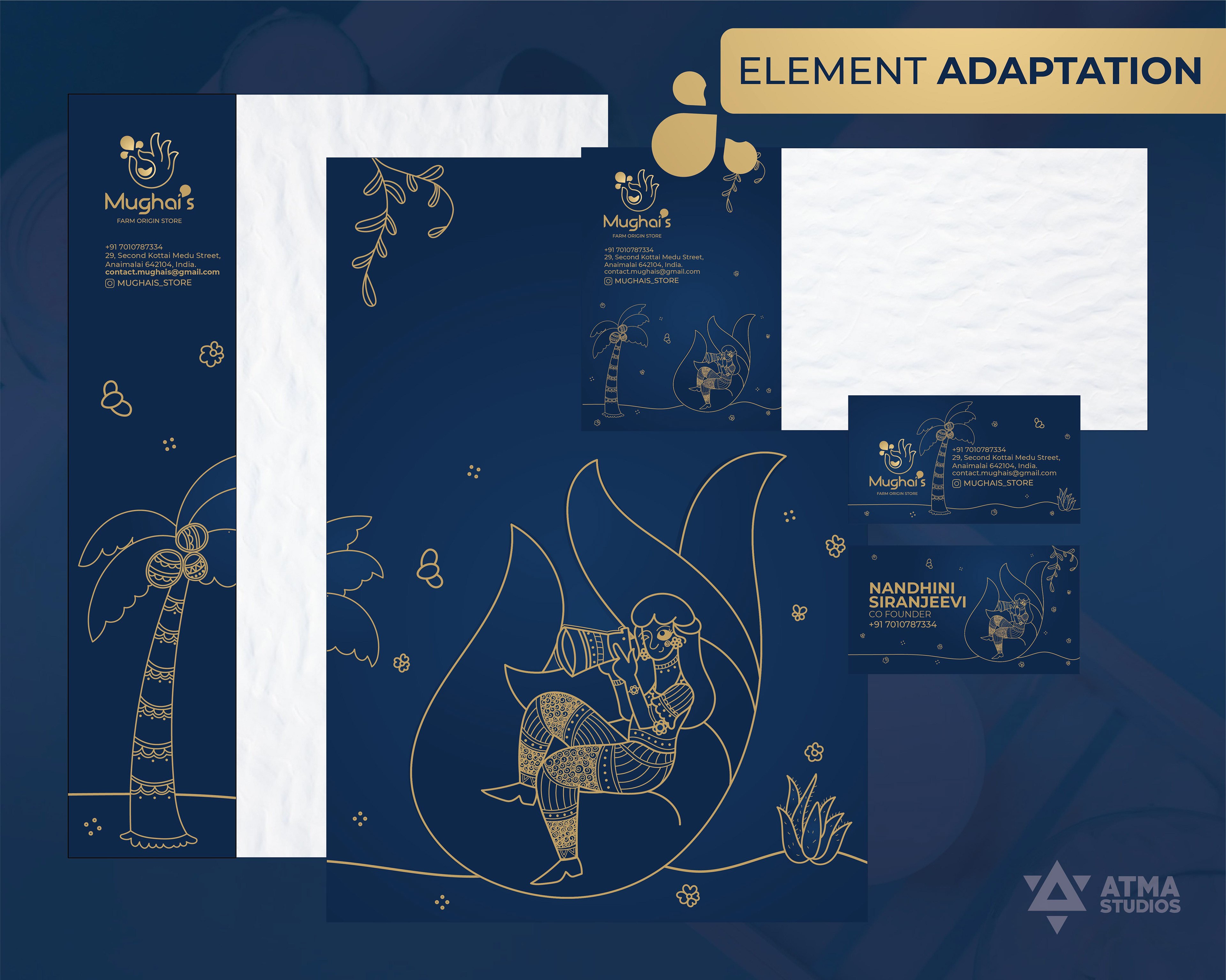Mughai's Farm Origin Store rebranding: brand element adaptation on navy stationery