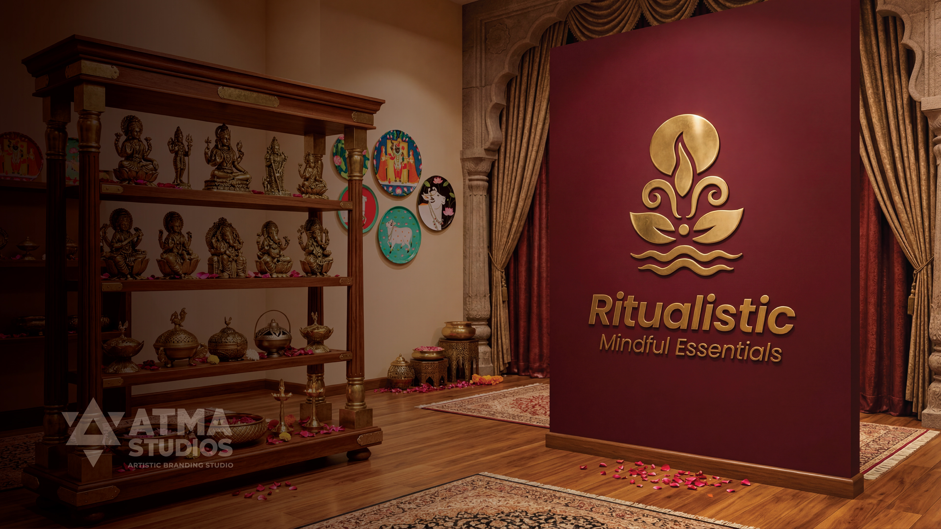 Ritualistic mindful essentials brand: cover showing the gold logo on a maroon wall beside a shelf of brass idols, branding by Atma Studios