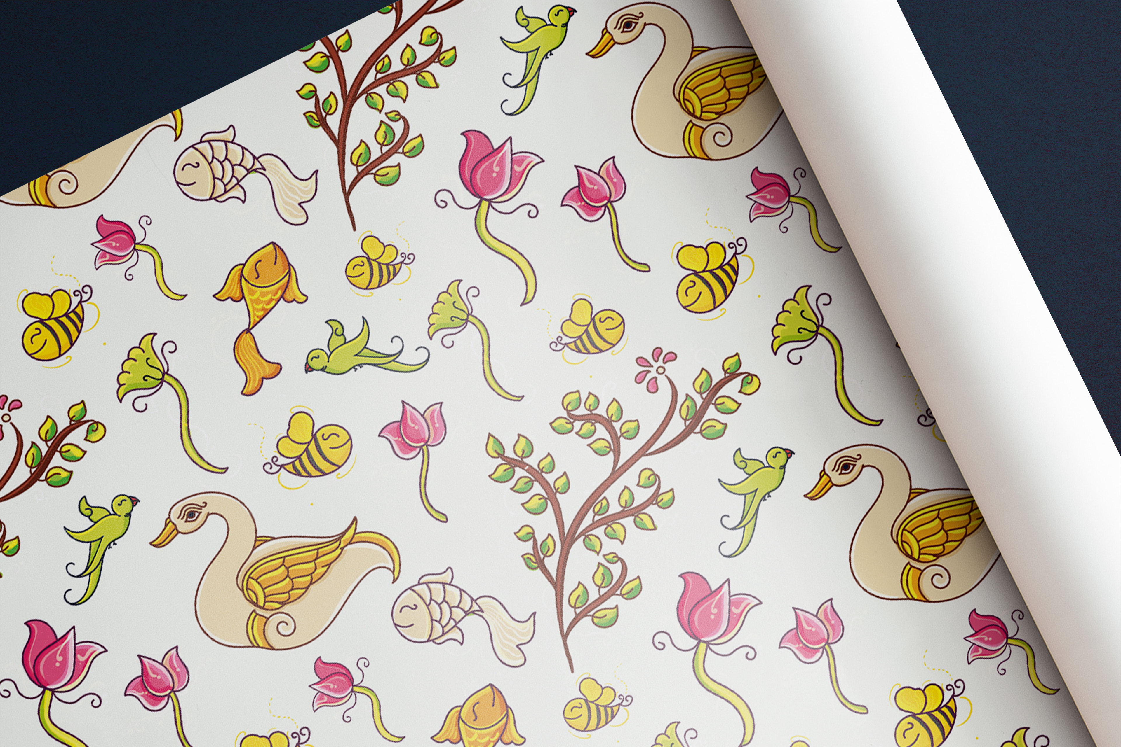 Thiruppavai illustrations part 1 in Orissa Pattachitra style: floral pattern on a paper roll