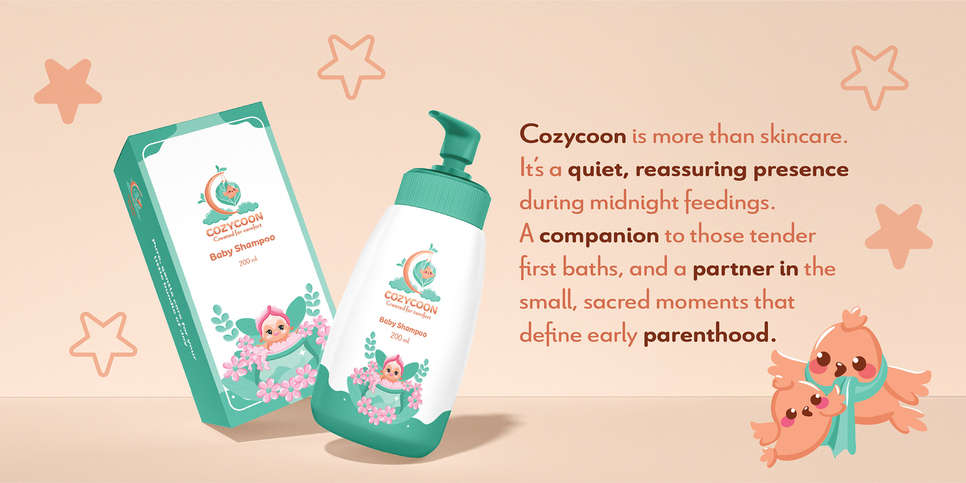 Cozycoon baby skincare brand: product box and bottle packaging with brand story