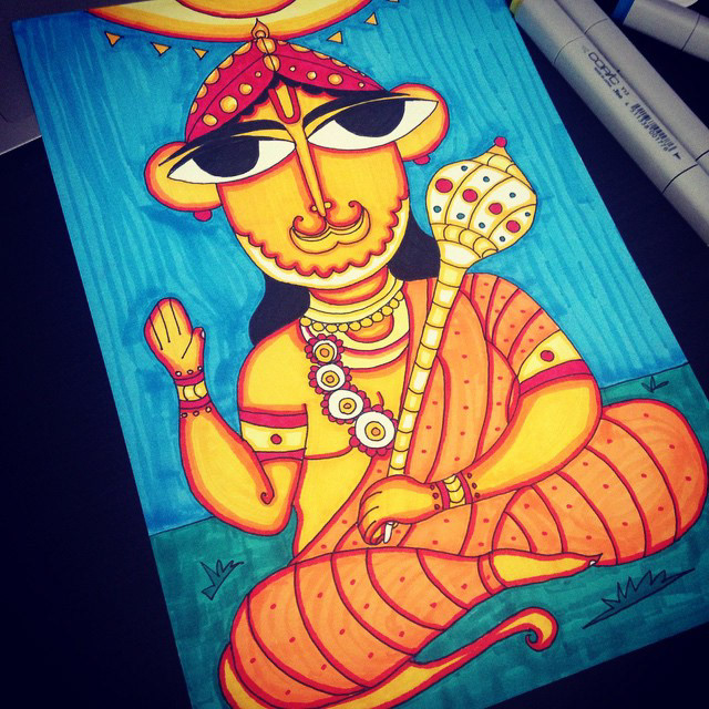 50 contemporary Indian folk art illustrations: #55 Hanuman seated in folk style