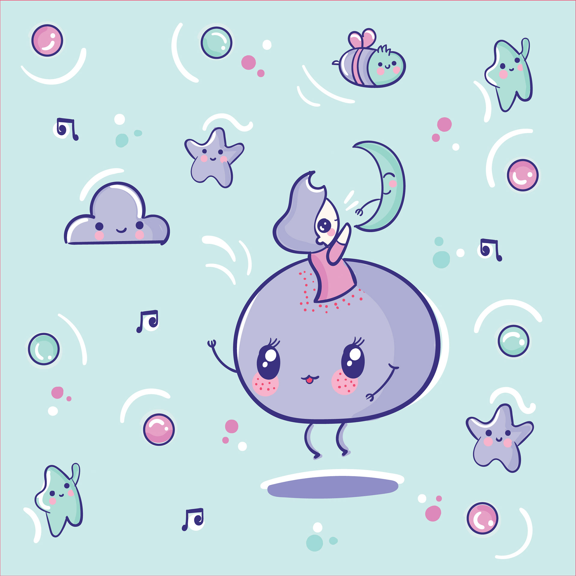 Experimental illustrations 2020: #11 Kawaii mochi with stars and moon