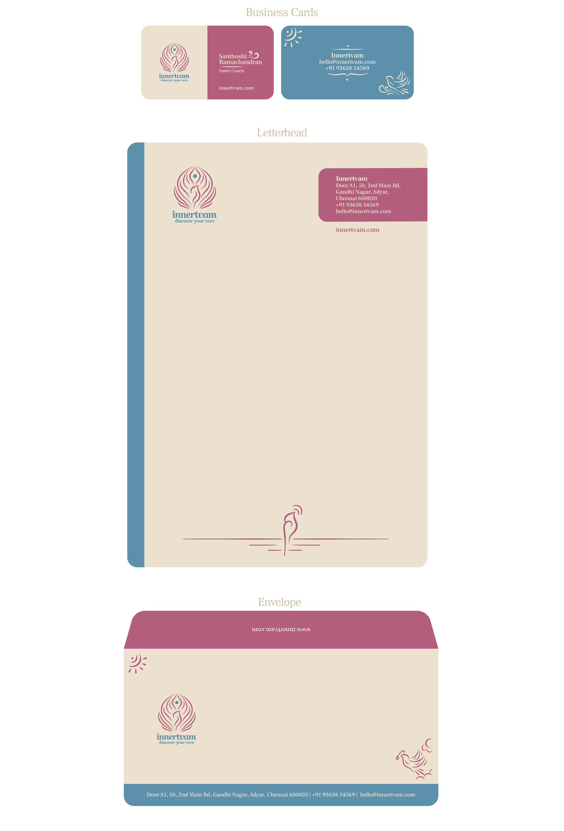 Innertvam life transformation program brand: stationery design with business cards, letterhead and envelope