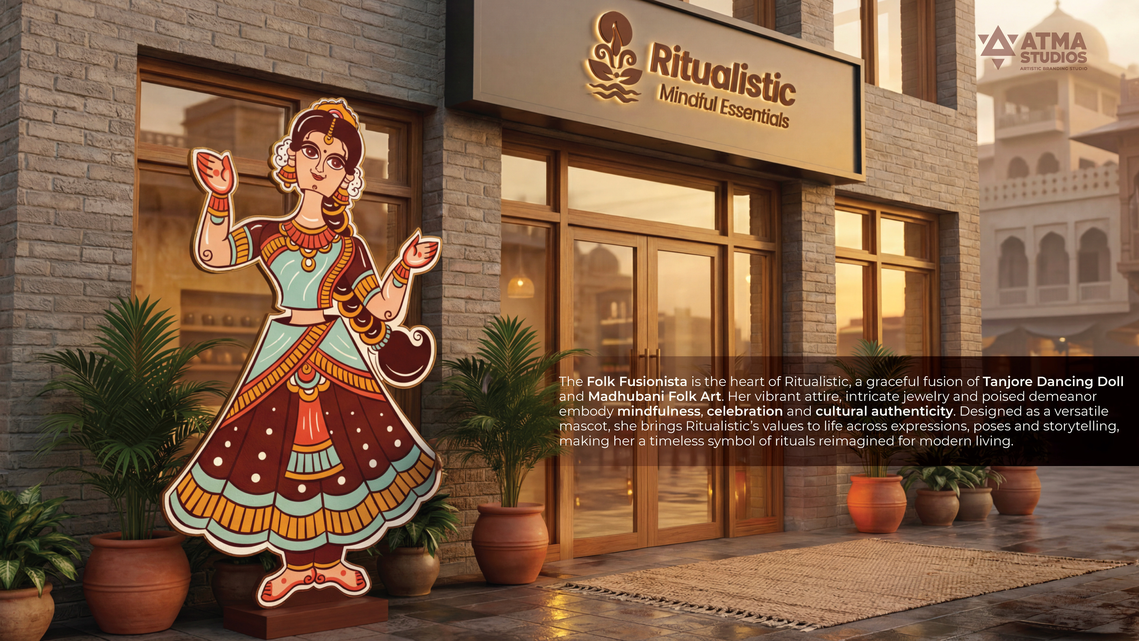 Ritualistic mindful essentials brand: mascot standing outside the Ritualistic store