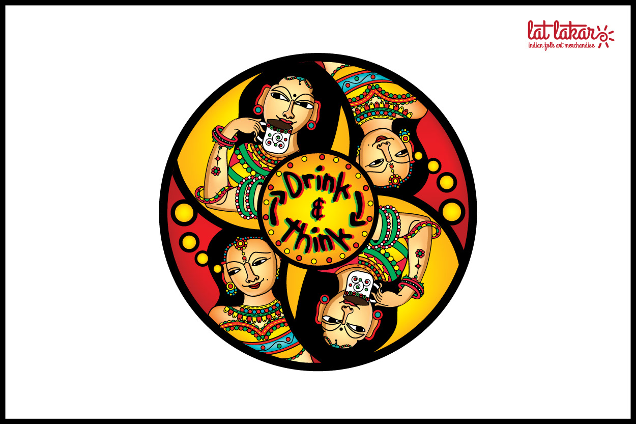Lat Lakar Indian folk art merchandise: circular faces illustration in black and yellow