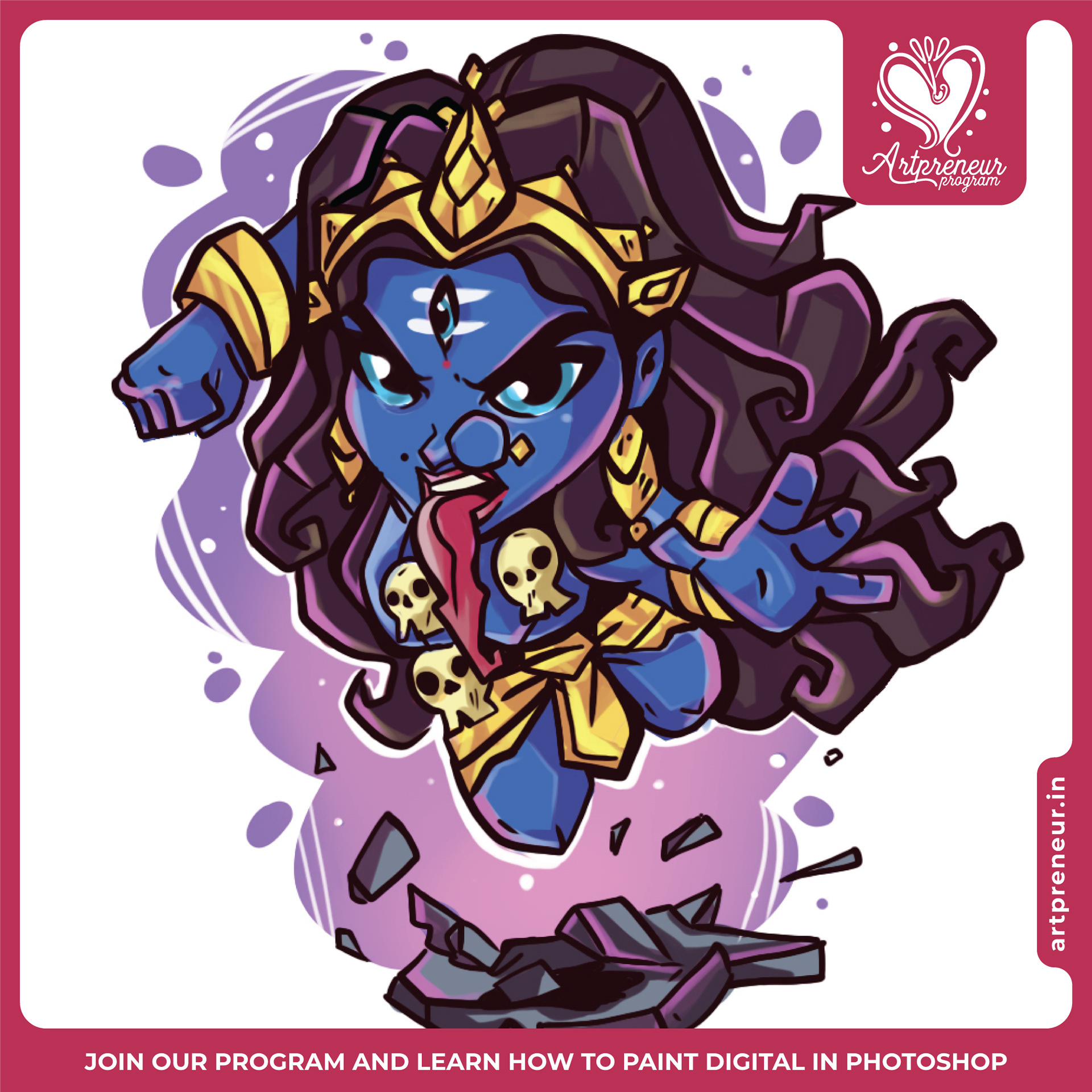 12 cute chibi illustrations collective 2021-2022: #1 Goddess Kali chibi, digital painting, Atma Studios portfolio