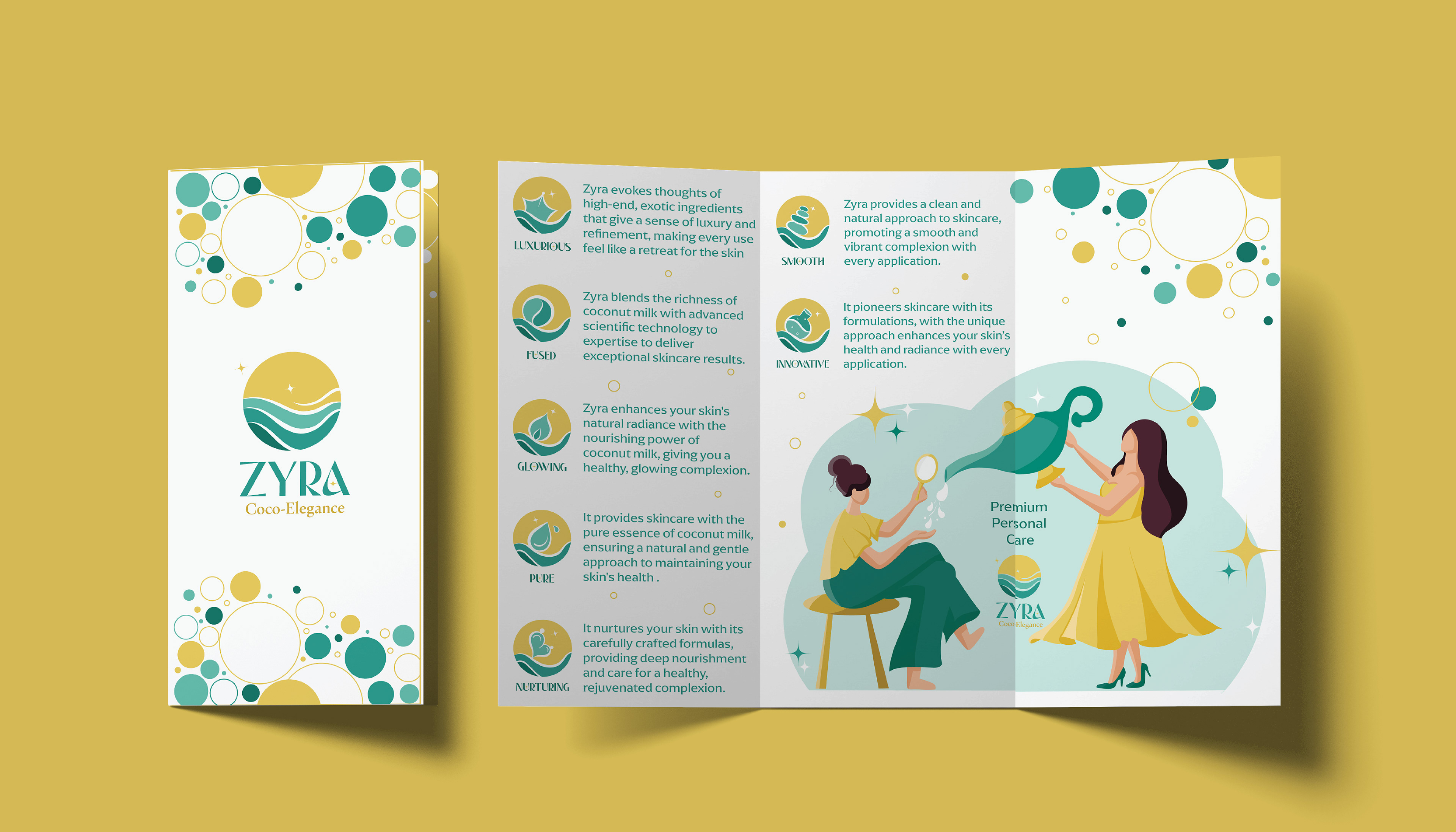 Zyra coconut skincare brand: tri-fold brochure on yellow