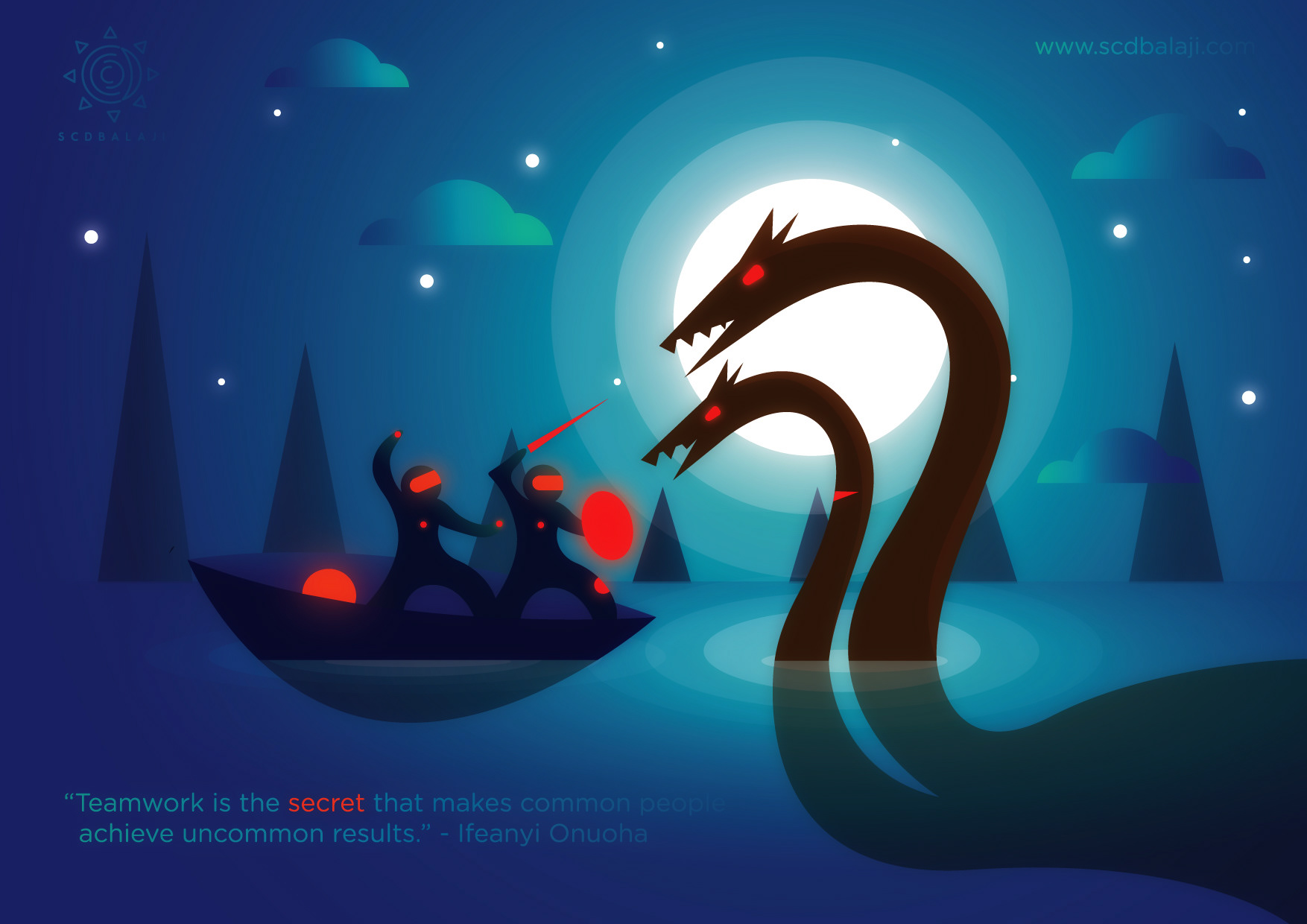 30 various illustrations of 2017: #1 Sea serpent rising beside a boat under the moon, illustration, Atma Studios portfolio