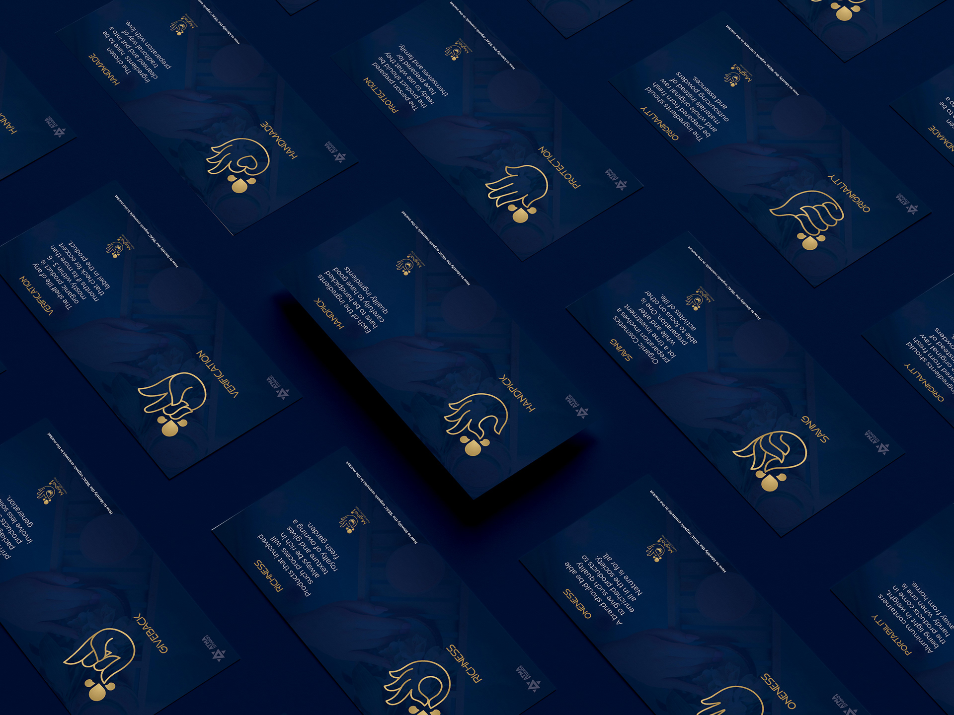 Mughai's Farm Origin Store rebranding: brand deck cards laid out on a navy background