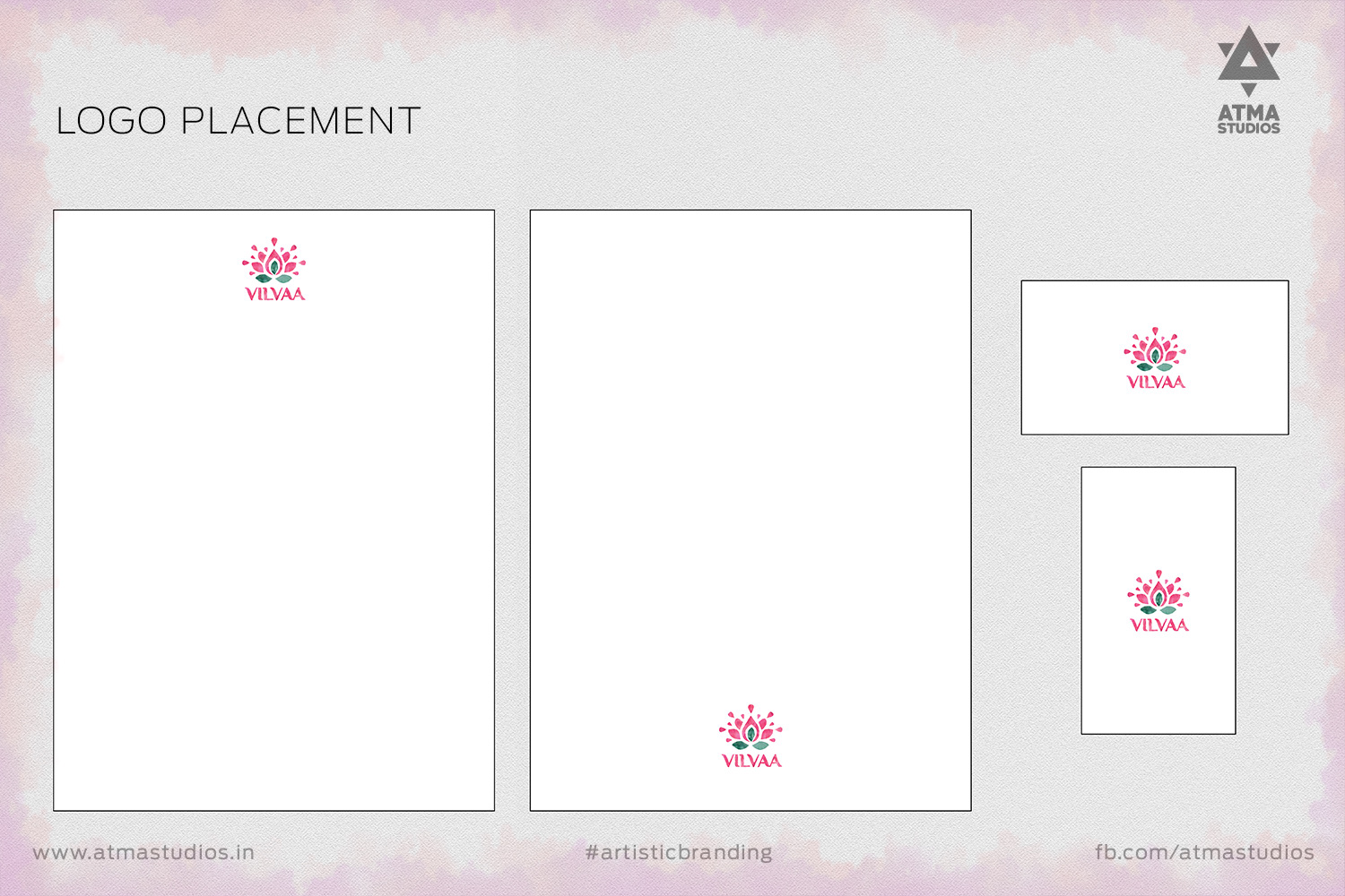 Vilvaa online garland store brand: logo placement guide on letterhead, envelope and card