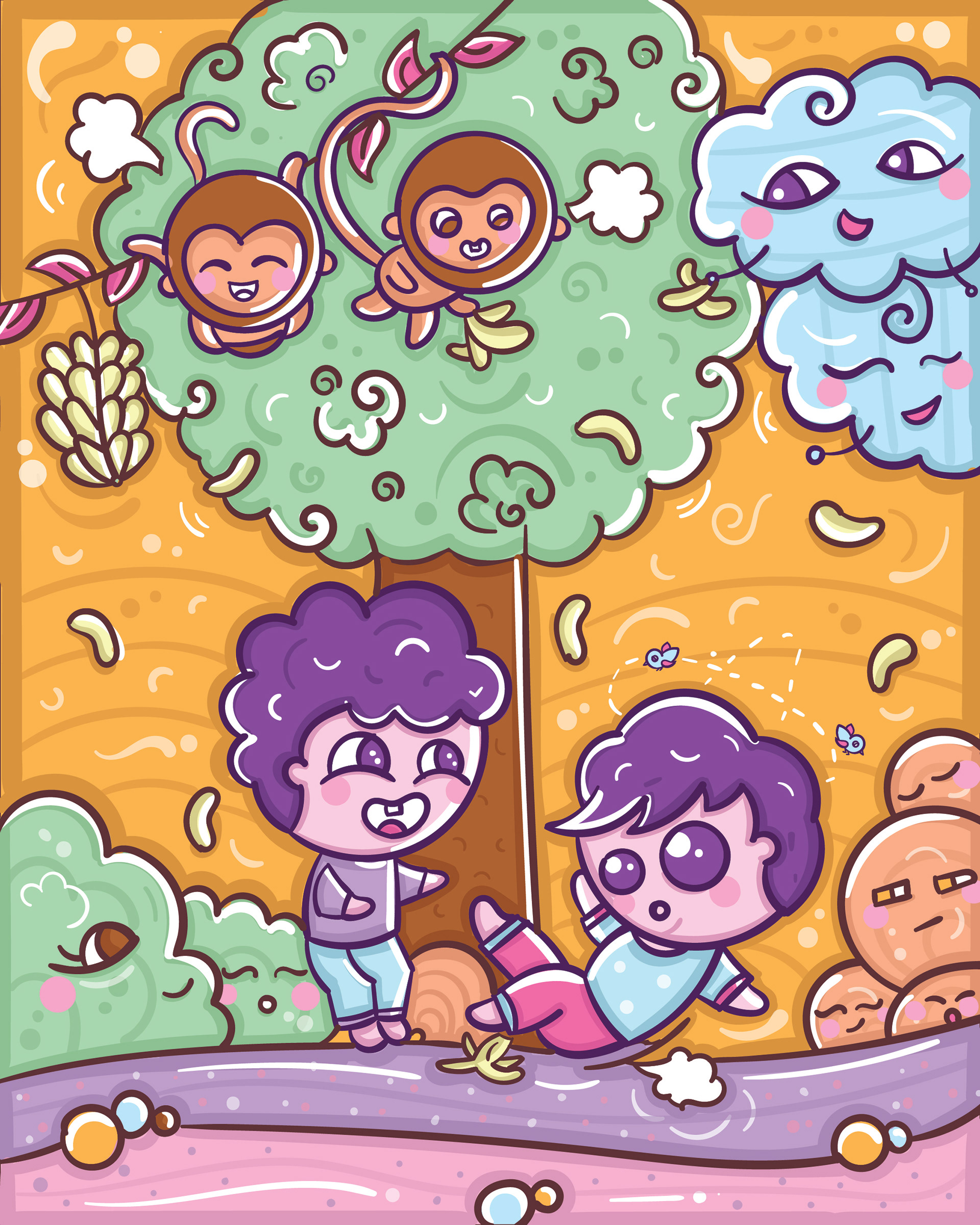 Kawaii gratitude series: pastel doodle of children reading under a tree with monkeys, illustration by Atma Studios