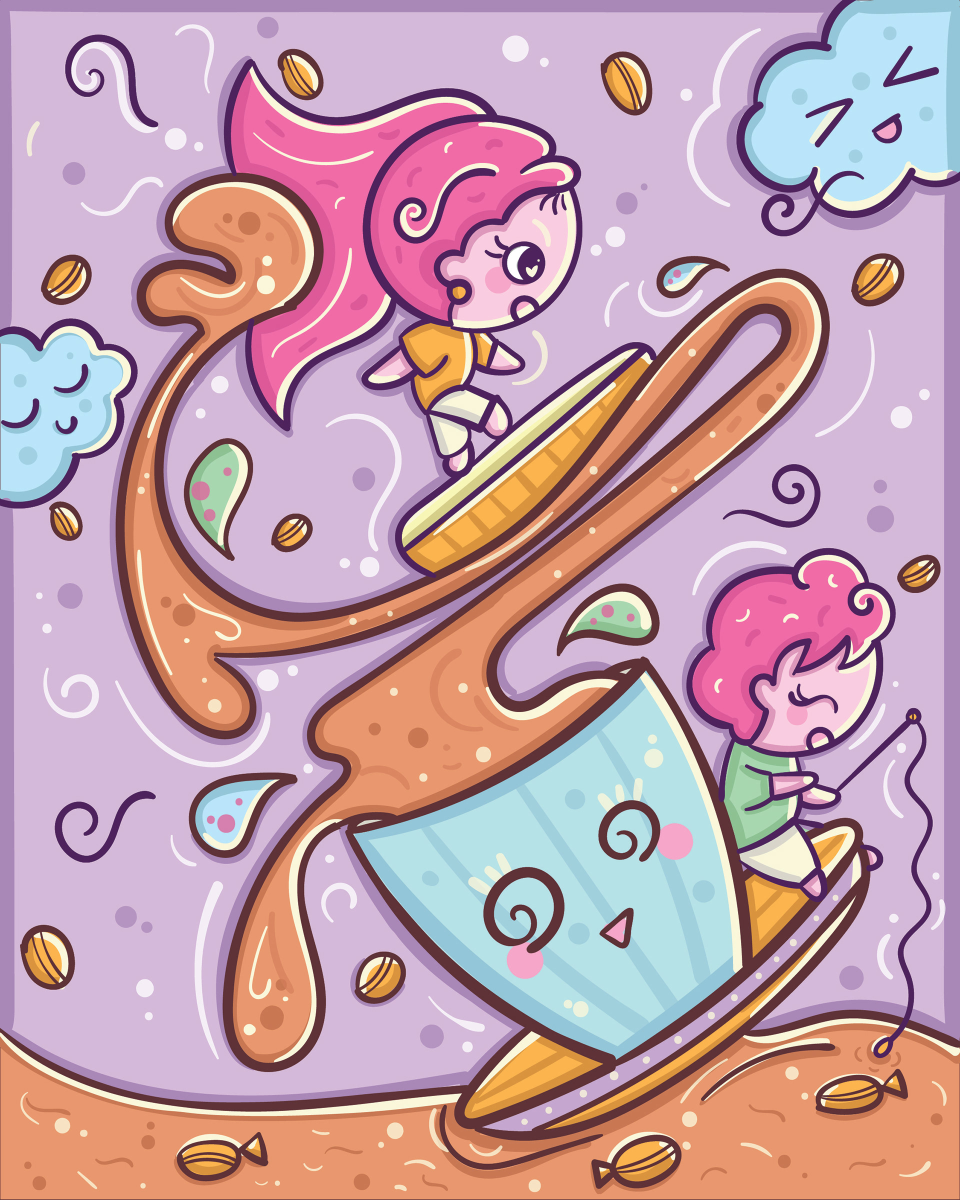 Kawaii gratitude series: pastel doodle of children playing in a giant teacup