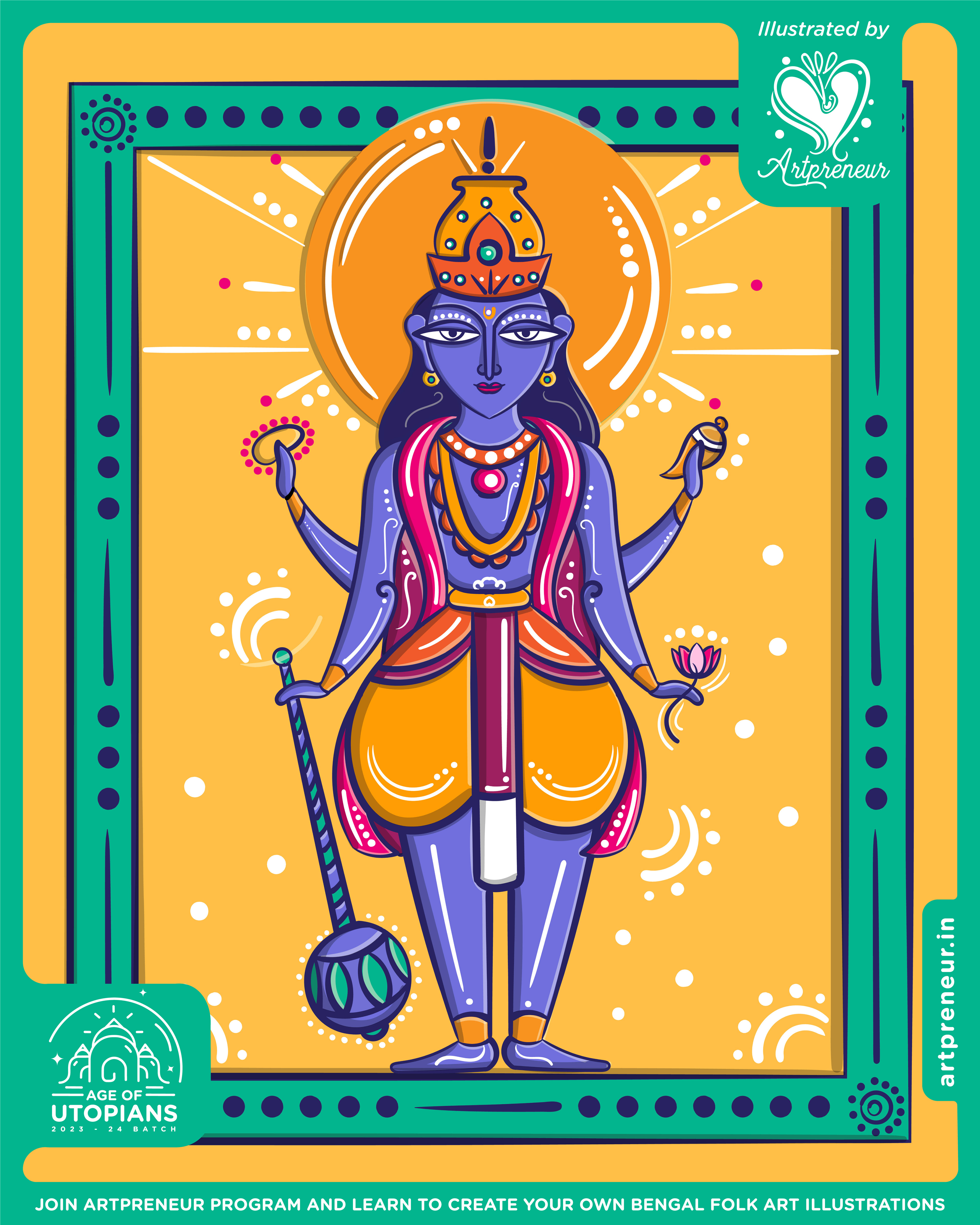 50 contemplated Bengal folk art illustrations: #32 Vishnu with a mace