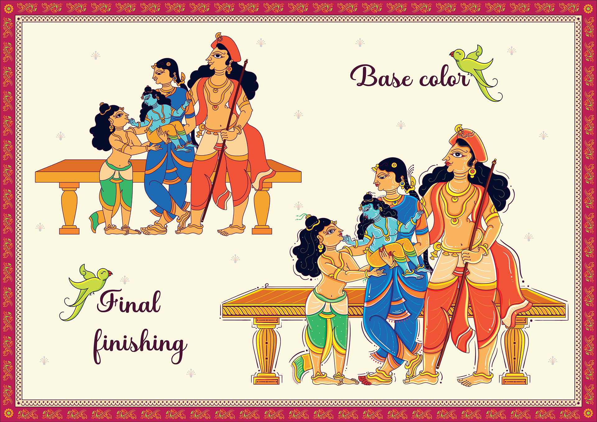 Thiruppavai illustrations part 2 in Orissa Pattachitra style: process: base colour and final finishing of a family scene