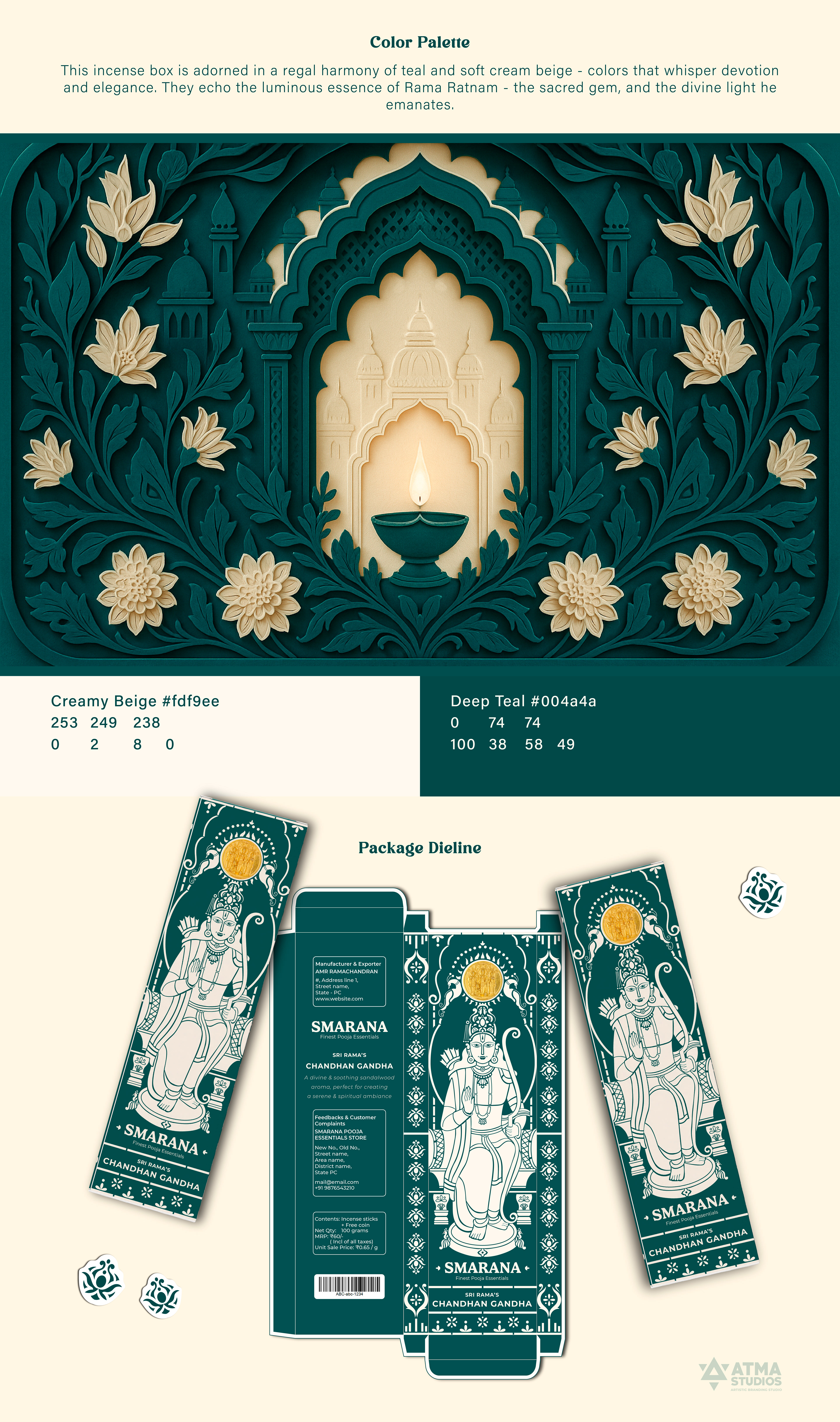 Smarana Lord Rama series incense packaging: incense box 01 flat dieline and box views in teal