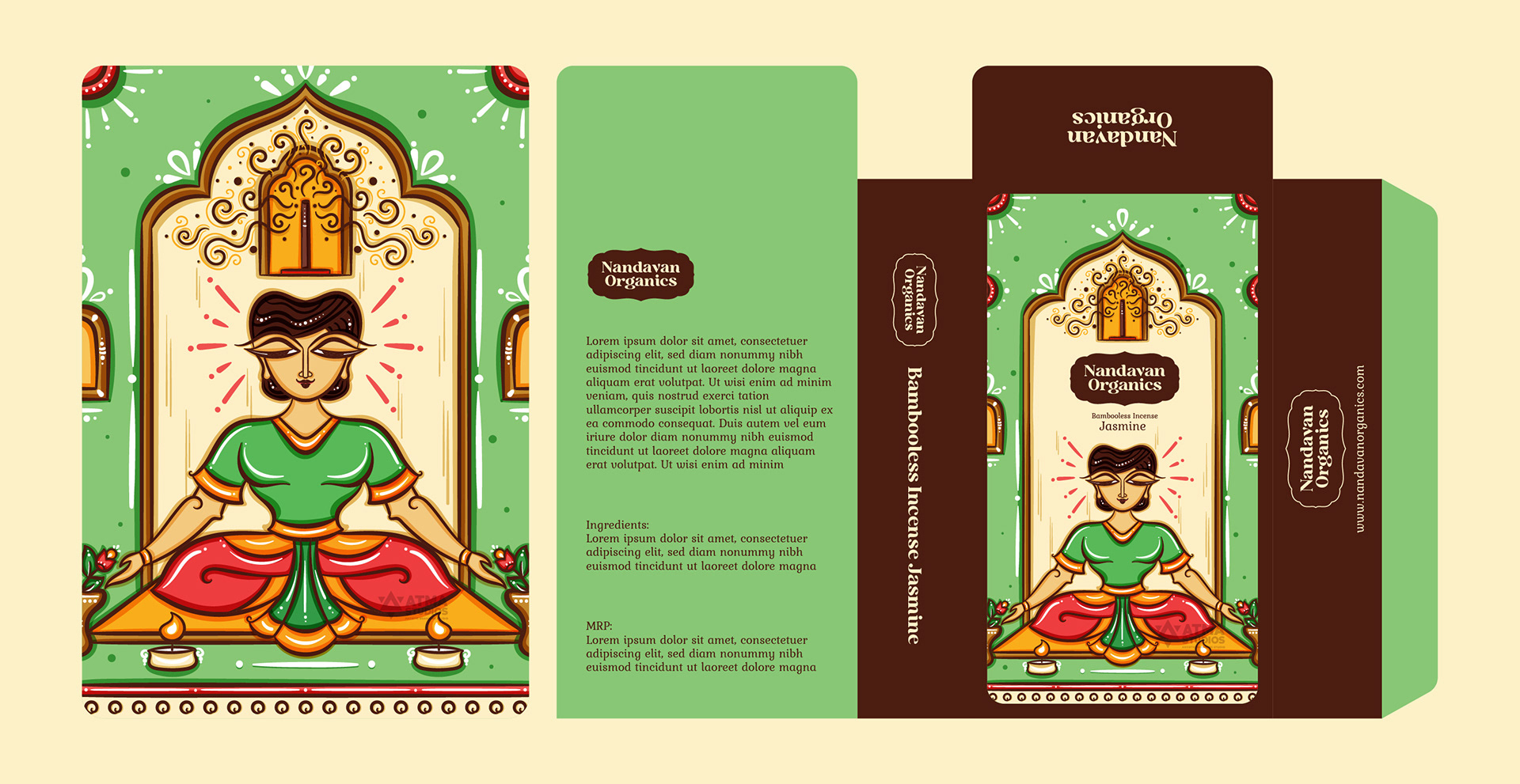 Nandavan Organics package illustrations in neo Bengal folk art: bambooless incense box dieline