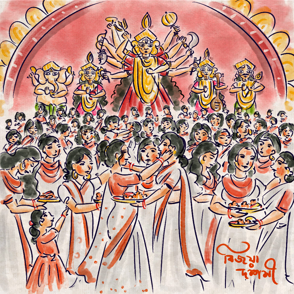 Durga Puja in watercolour: #6 Sindoor Khela, women celebrating the farewell