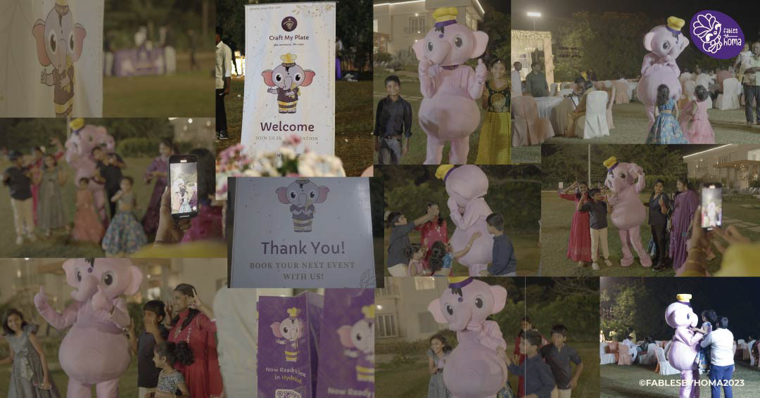 Craft My Plate catering app logo and mascot design: event photos of mascot standees and branded signage