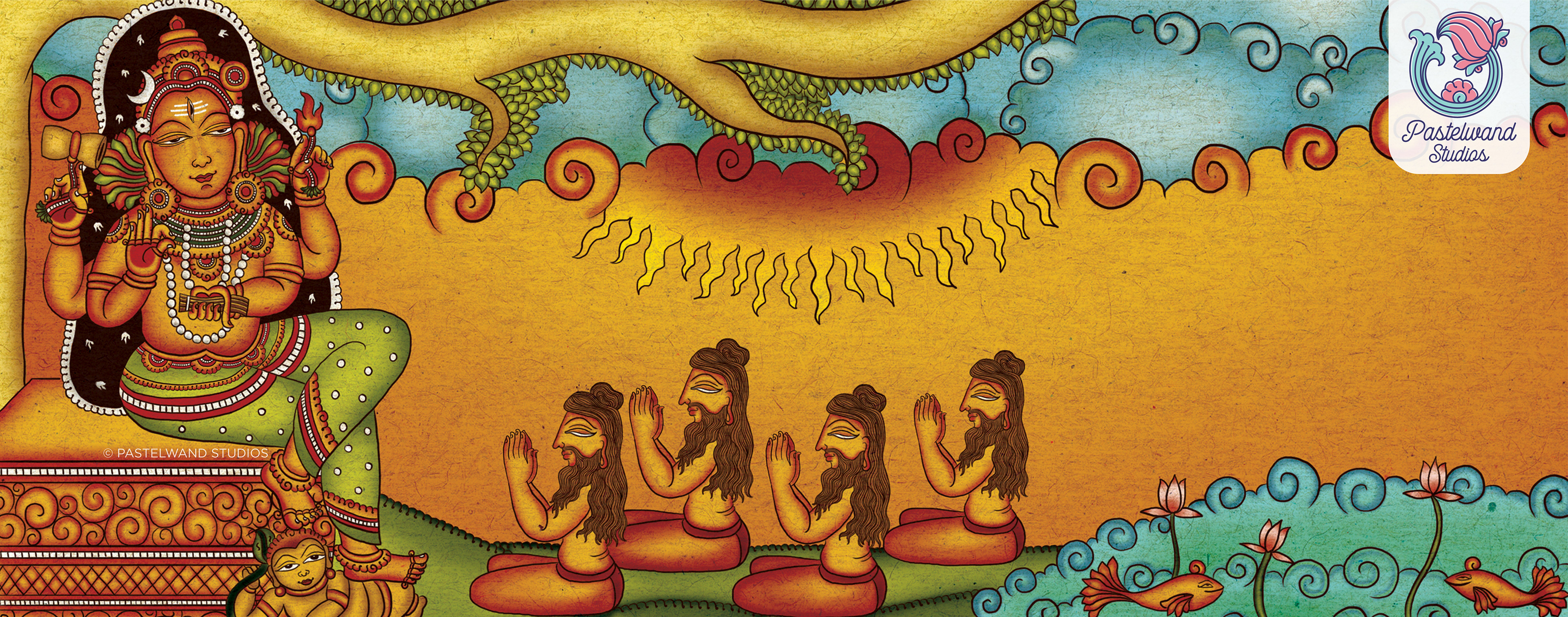 Digital Kerala mural painting: Dakshinamurthy seated under a banyan tree teaching four sages, digital Kerala mural by Atma Studios