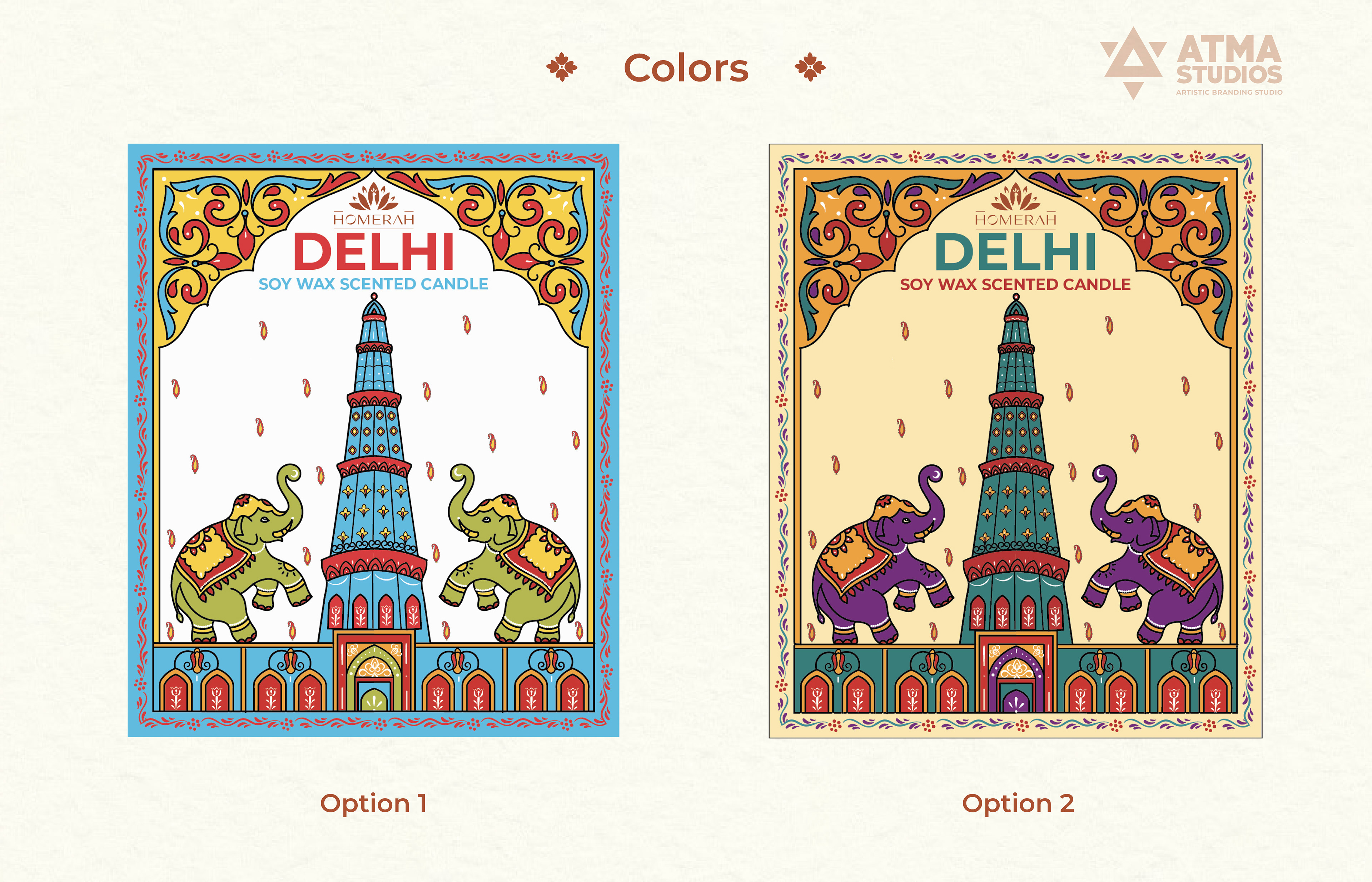 Homerah premium lifestyle candle and incense package design: Delhi label colour options in two colourways