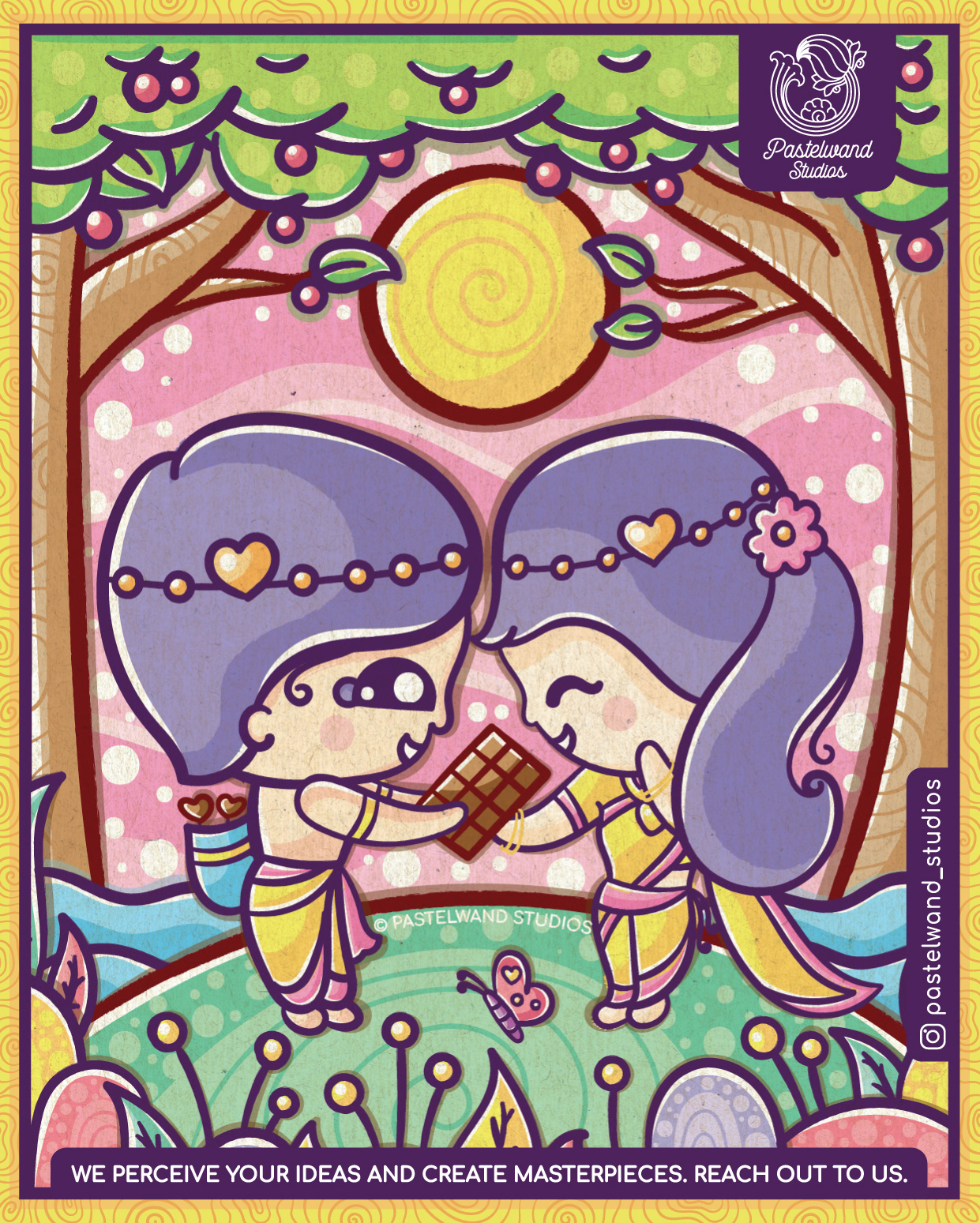 Kawaii love edition, Journey of Tutti Frutti: cute couple sharing chocolate under the sun