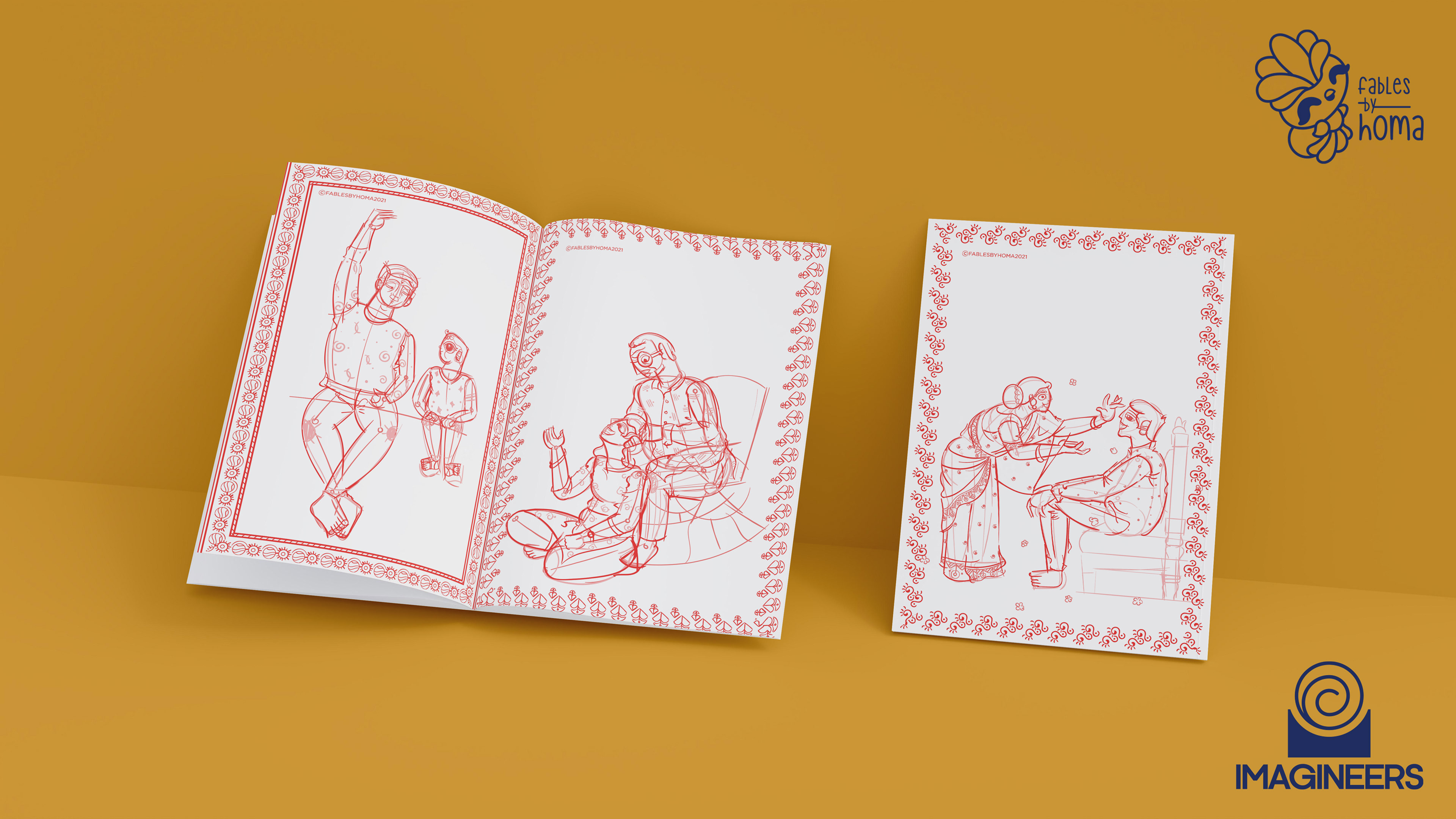 Epiphany Madhubani experimental illustrations: #31 Inked figure pages, spread 3