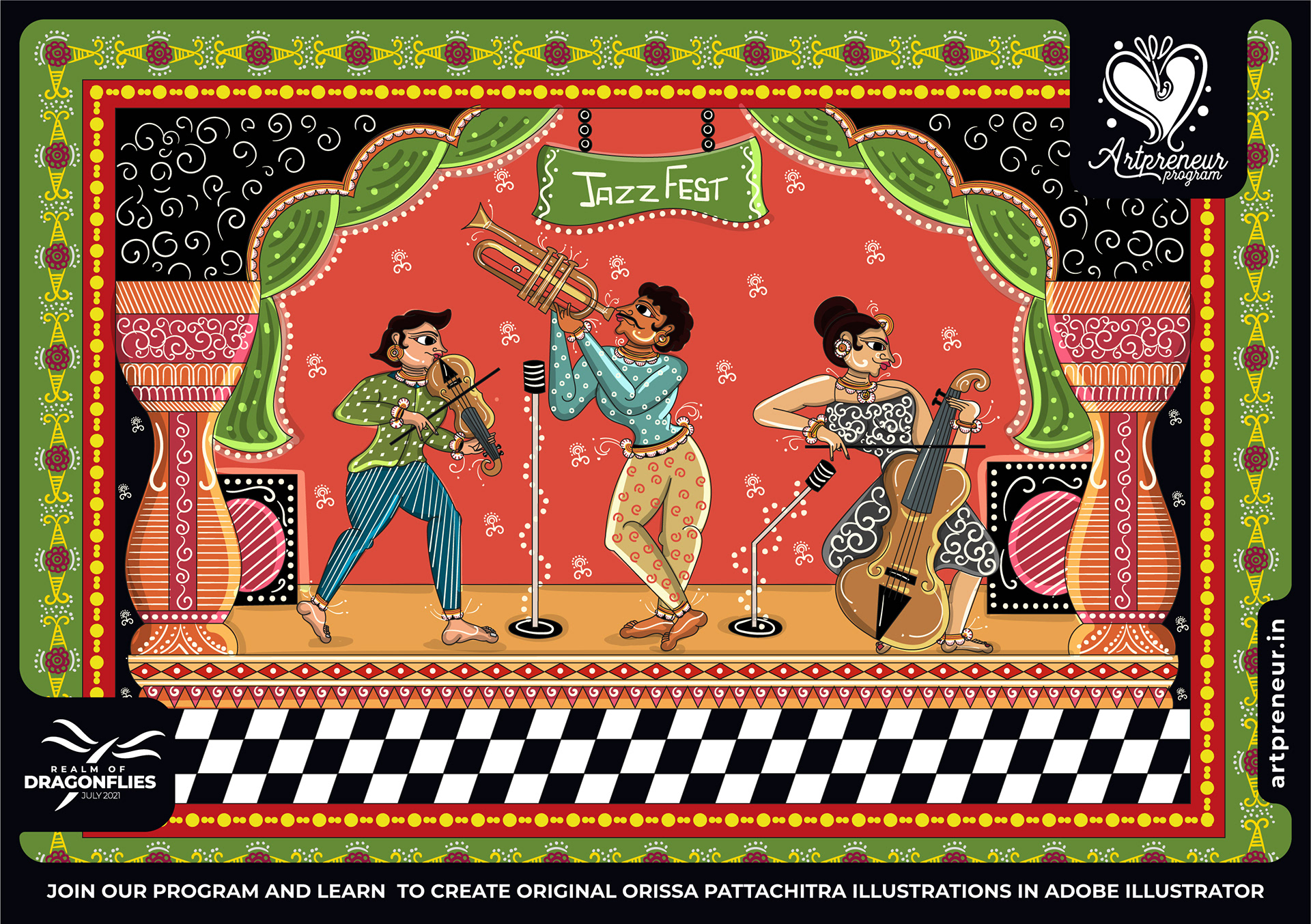 30 Orissa Pattachitra Indian folk illustrations: #4 Musicians performing on stage