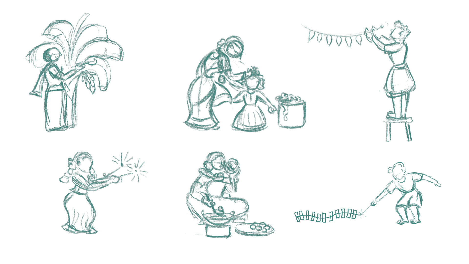 Sweet Kadai Diwali package illustration: early character sketches in green line art