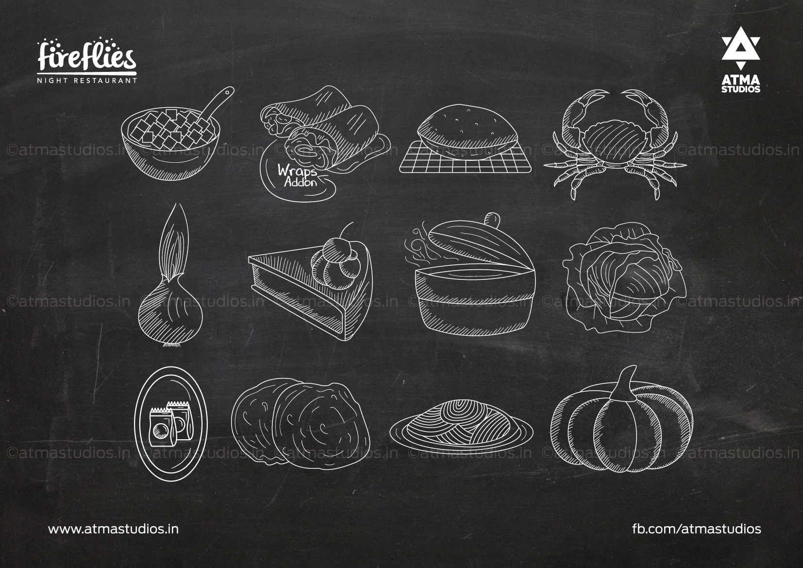 Fireflies chalk icon set: bowls, cake, crab and pumpkin
