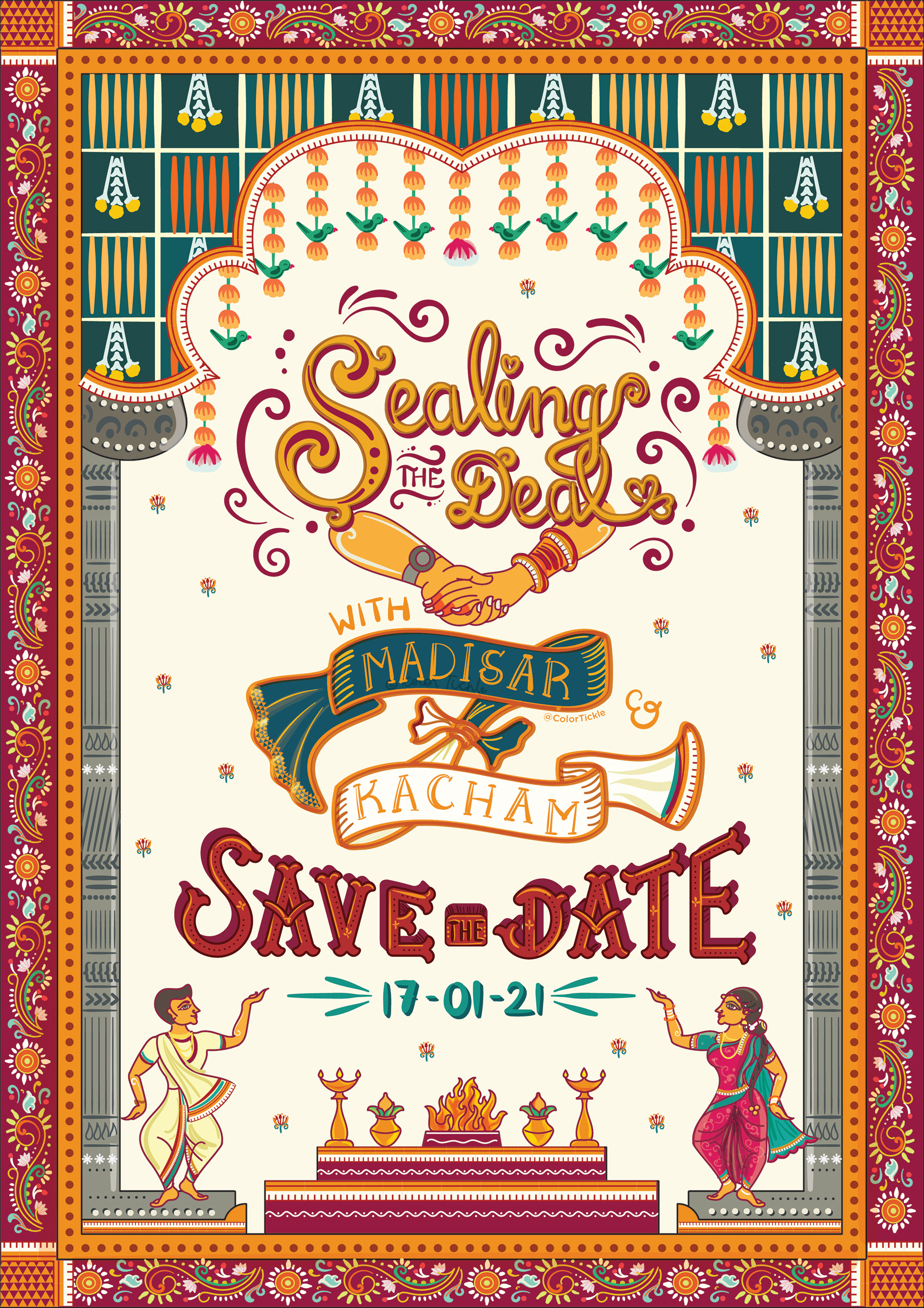 Indian illustrative hand lettering for weddings: Sealing the Deal save the date in colour with a temple arch