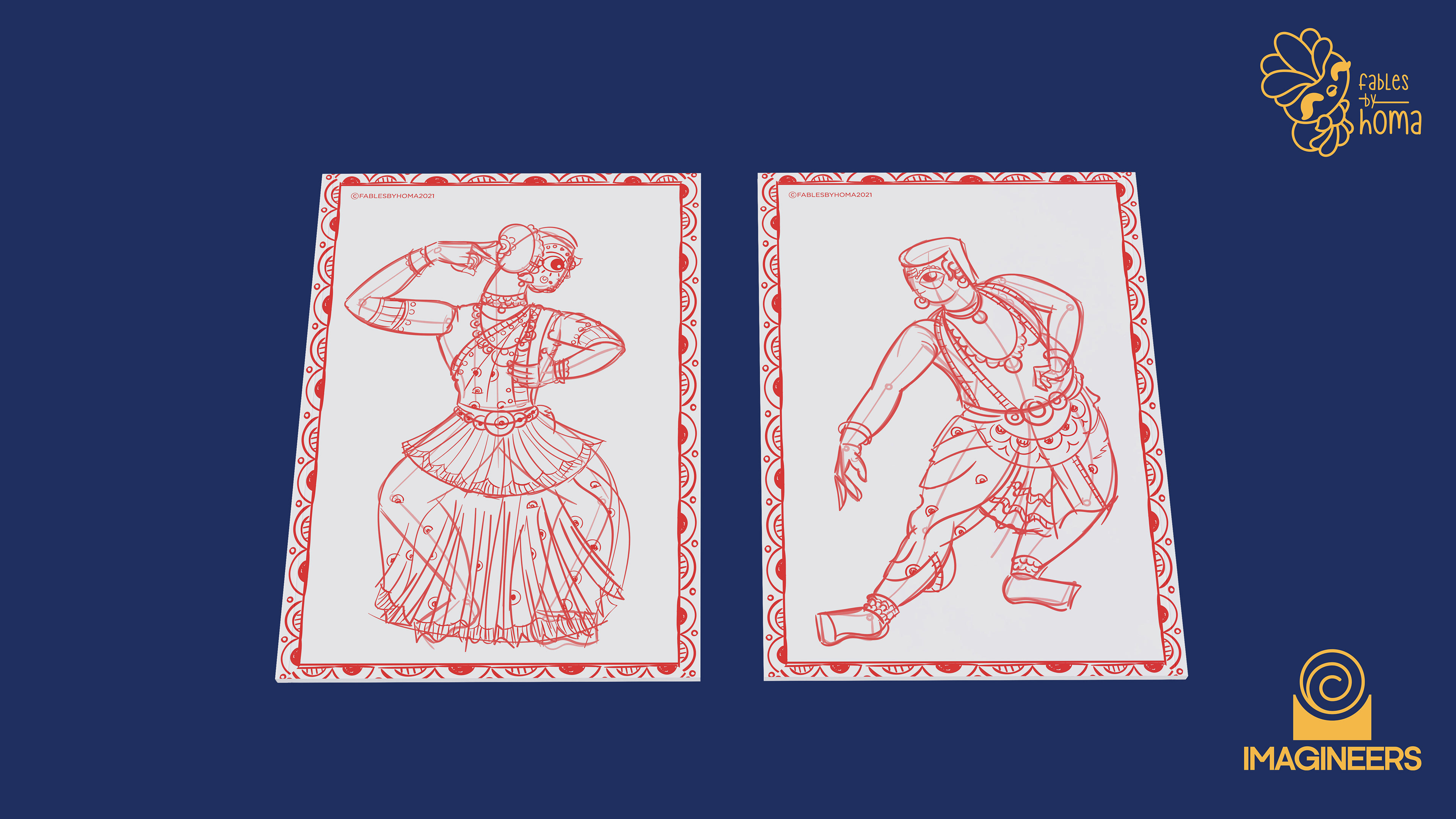 Epiphany Madhubani experimental illustrations: #37 Inked figure prints on navy