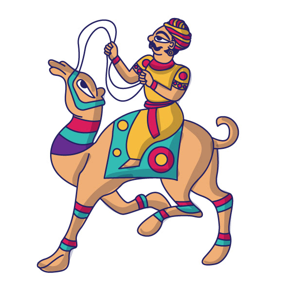 Kesar sweet shop space branding in Phad painting style: Phad character: a man on a camel