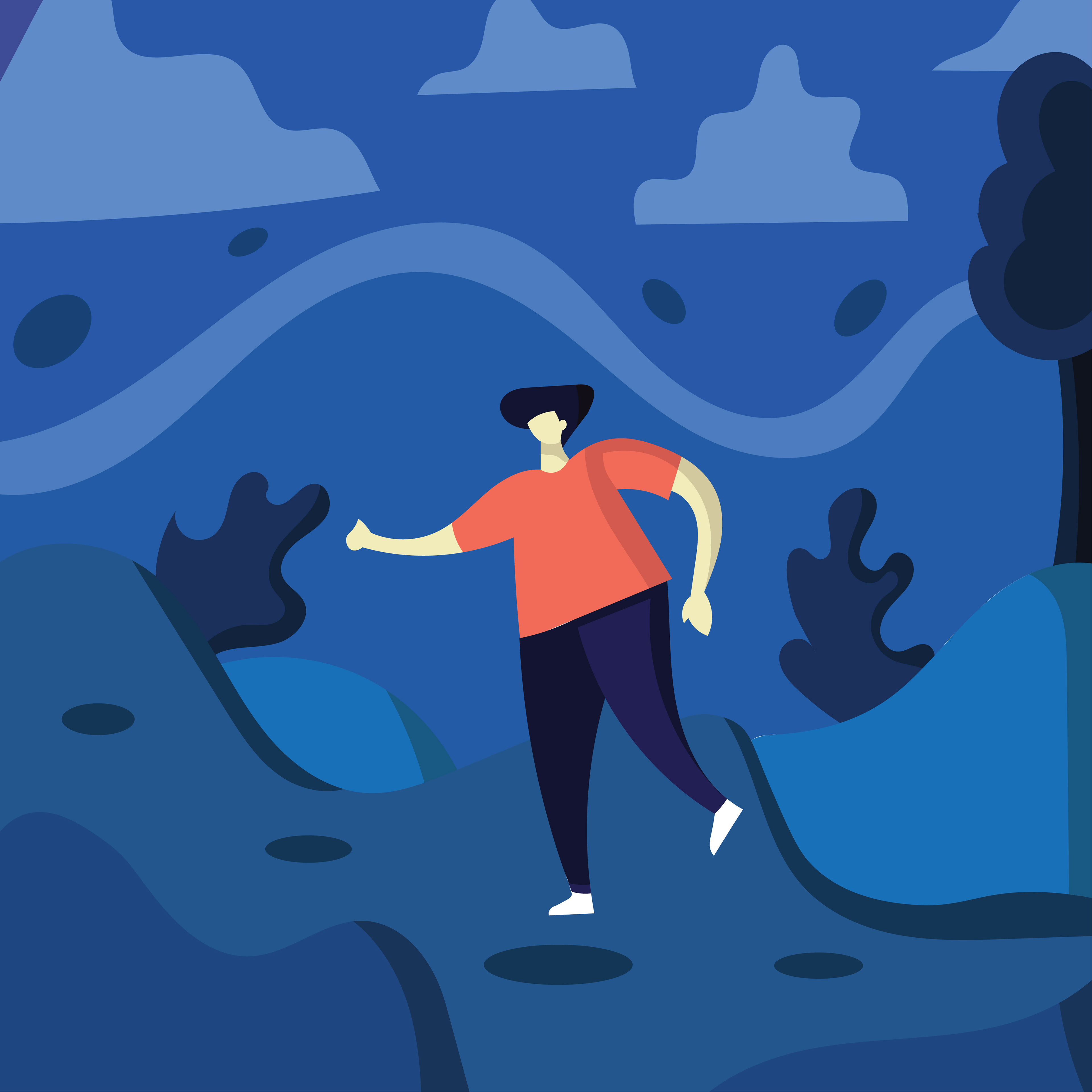 Experimental illustrations 2020: #13 Man walking in a blue landscape