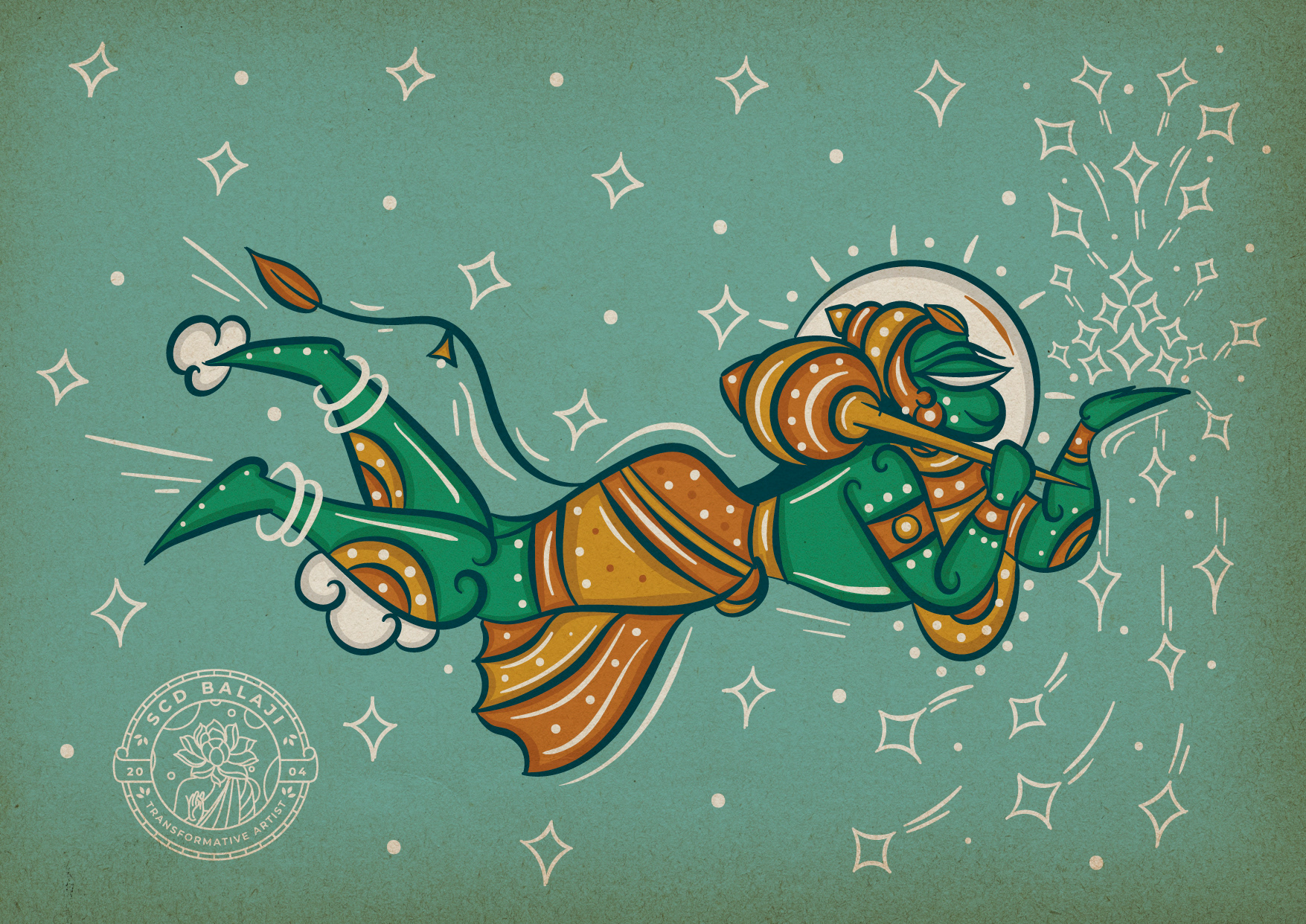 Hanuman collection in Neo Bengal folk art: #1 Hanuman flying through the stars, Neo Bengal folk art, Atma Studios portfolio