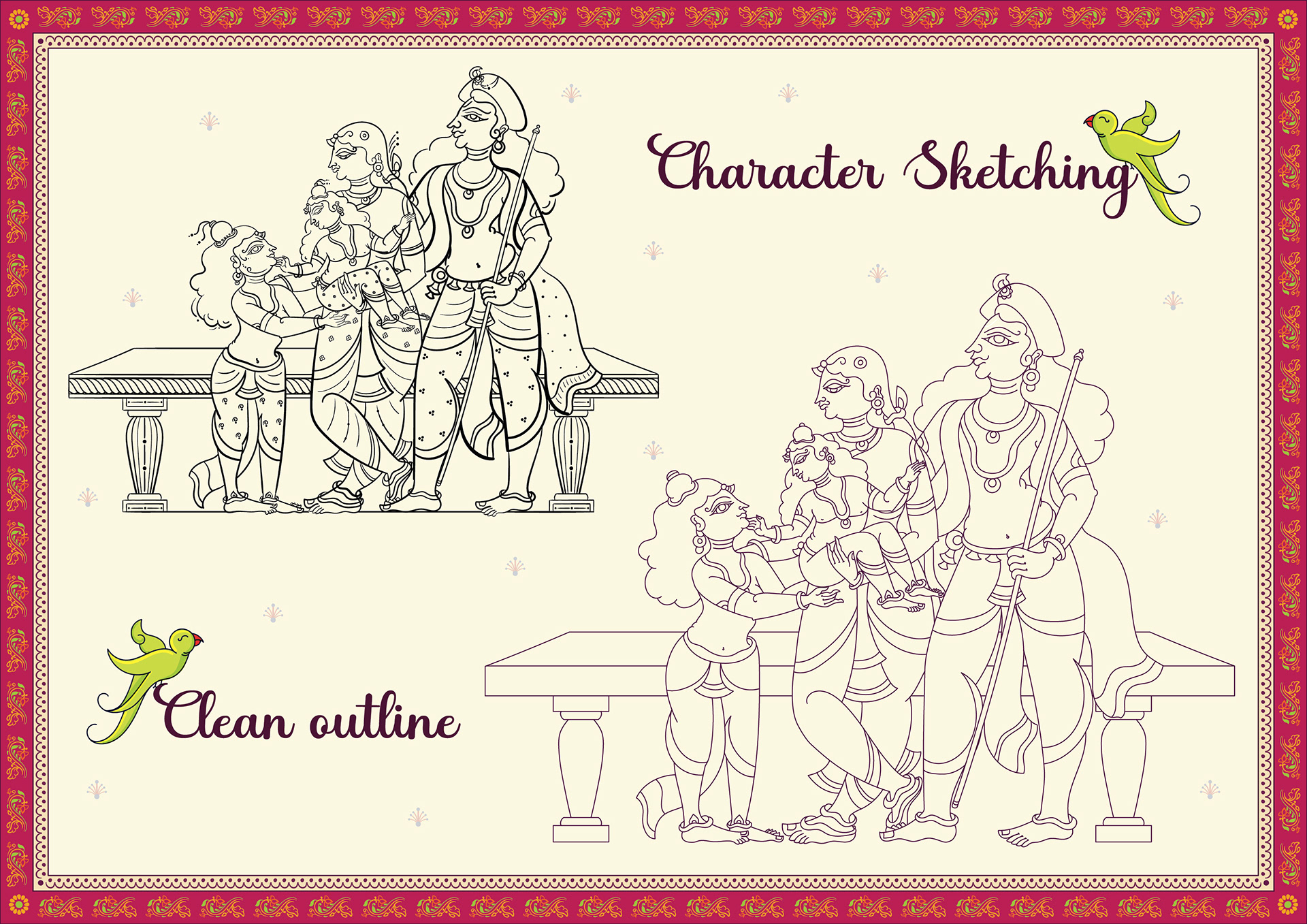 Thiruppavai illustrations part 2 in Orissa Pattachitra style: process: character sketching and clean outline