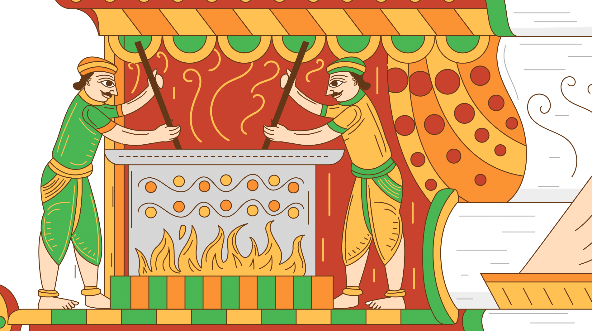 Cheriyal scroll Indian folk art food illustrations: scroll panel 6: cooks at a hot fire grill