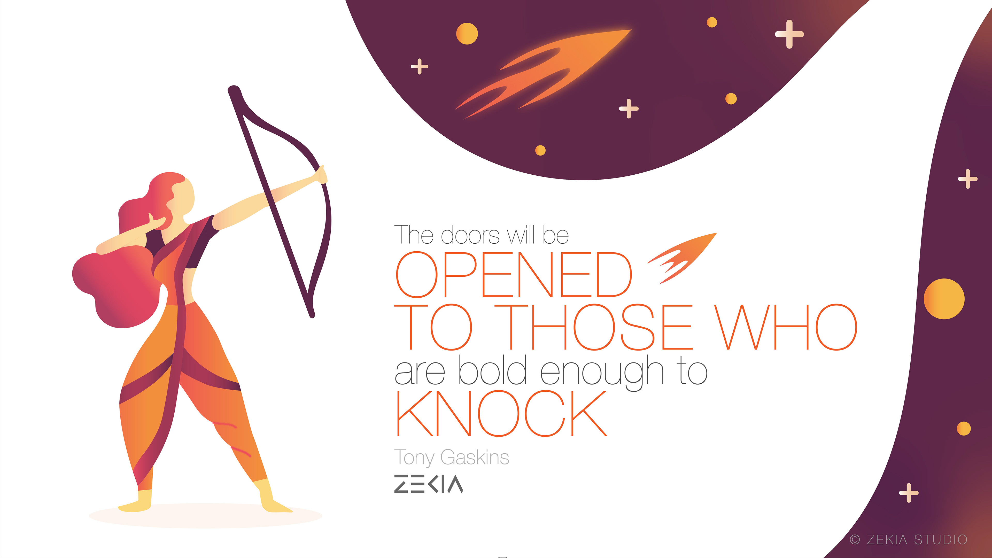 Illustrated motivational quotes on women empowerment: #5 "Doors open to those bold enough to knock" quote with an archer