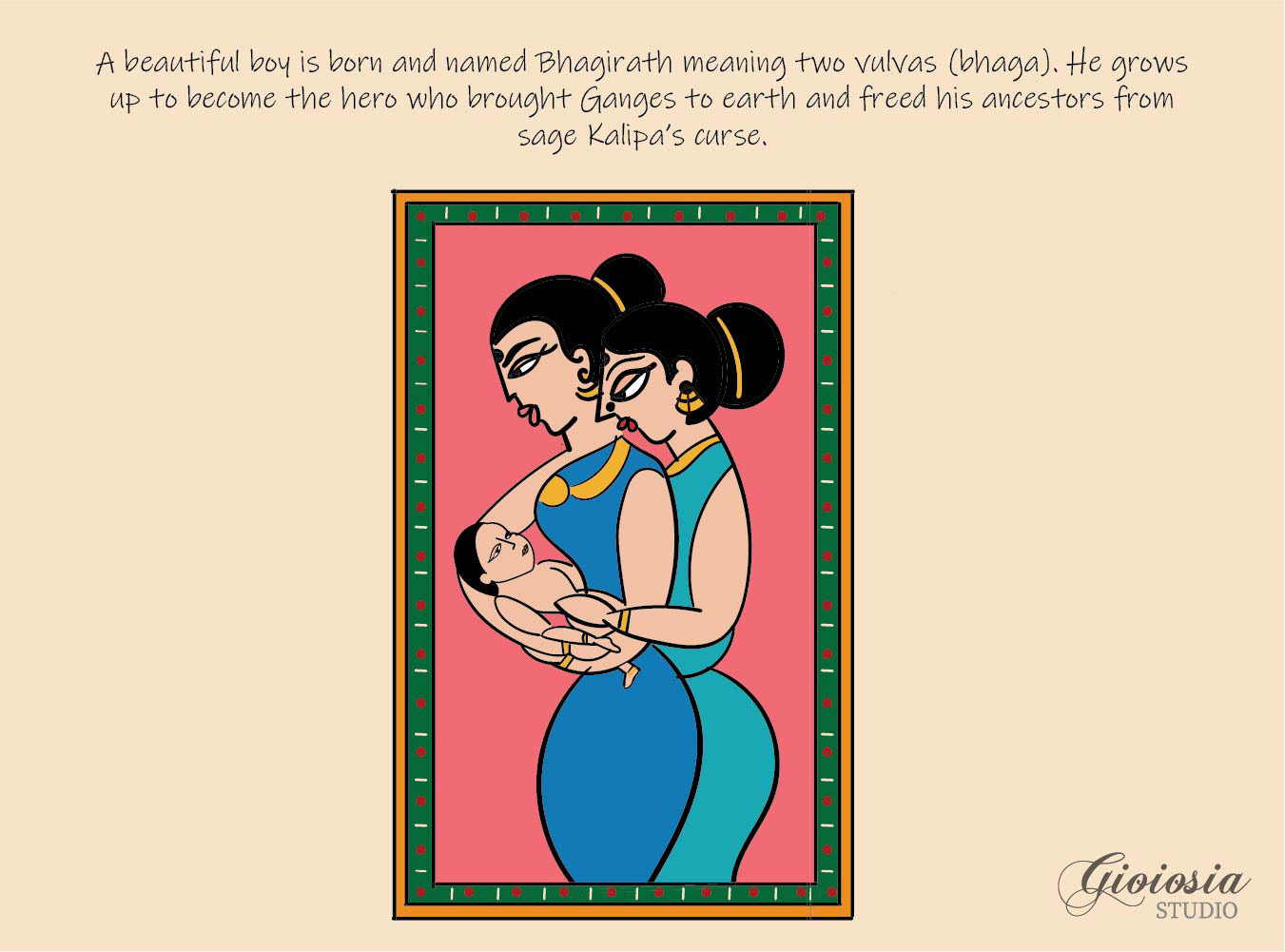 The Untold Story of Bhagiratha, illustrated mythological fiction: two mothers holding baby Bhagiratha in a frame