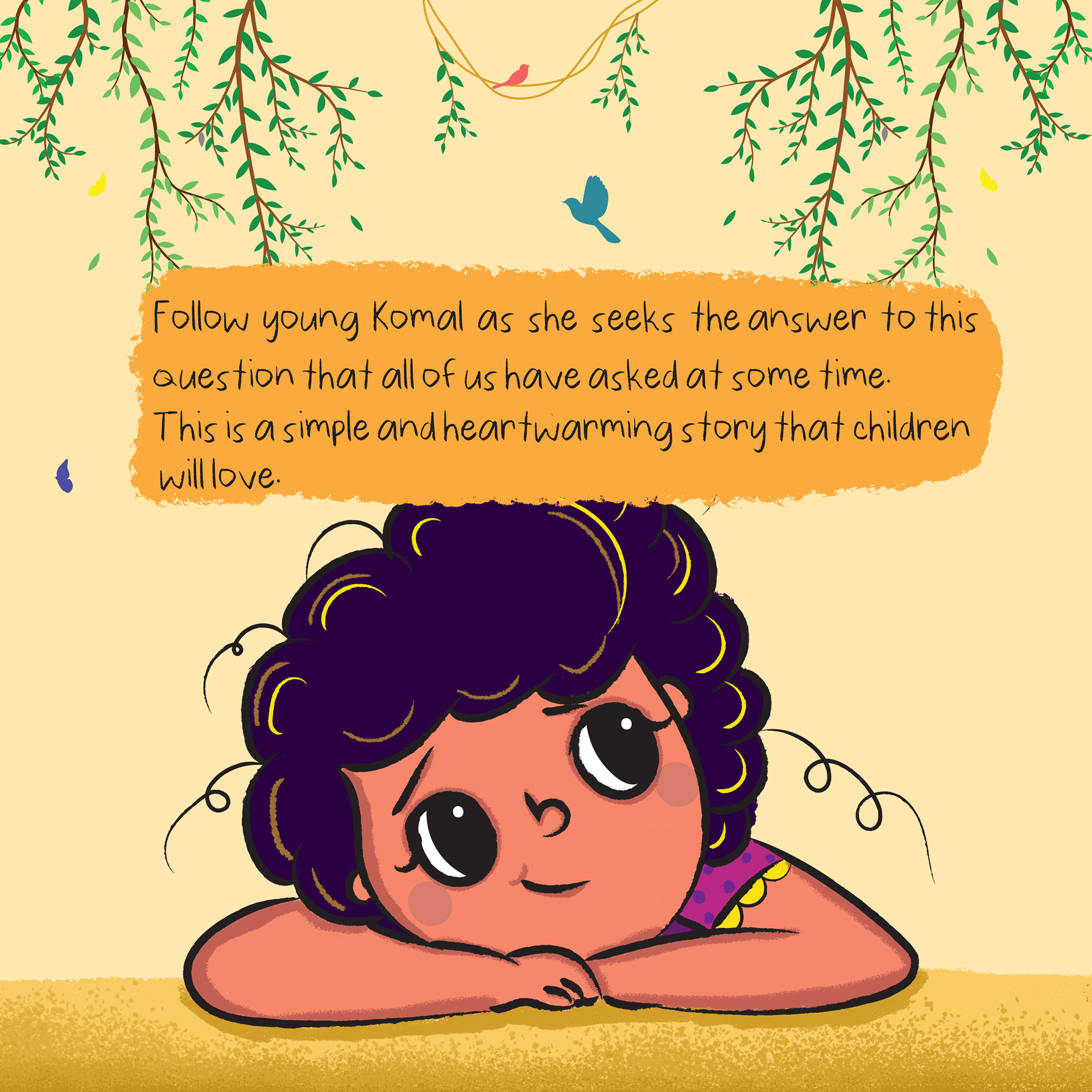 Why Can't I See God? children's book by Kavitha Amarnath: back cover blurb with Komal resting her chin