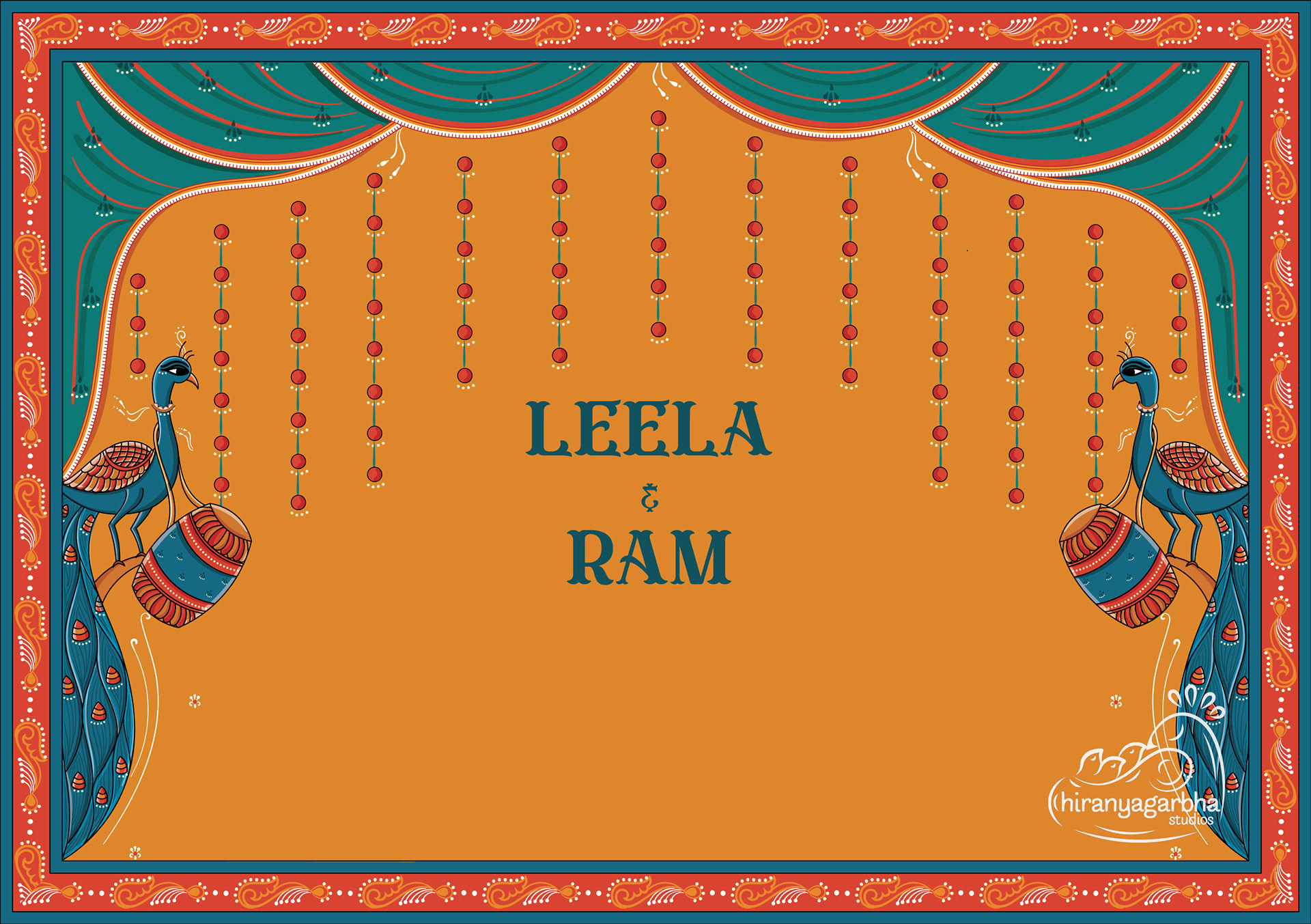 Kettimelam wedding invitation: envelope flap design with Leela and Ram