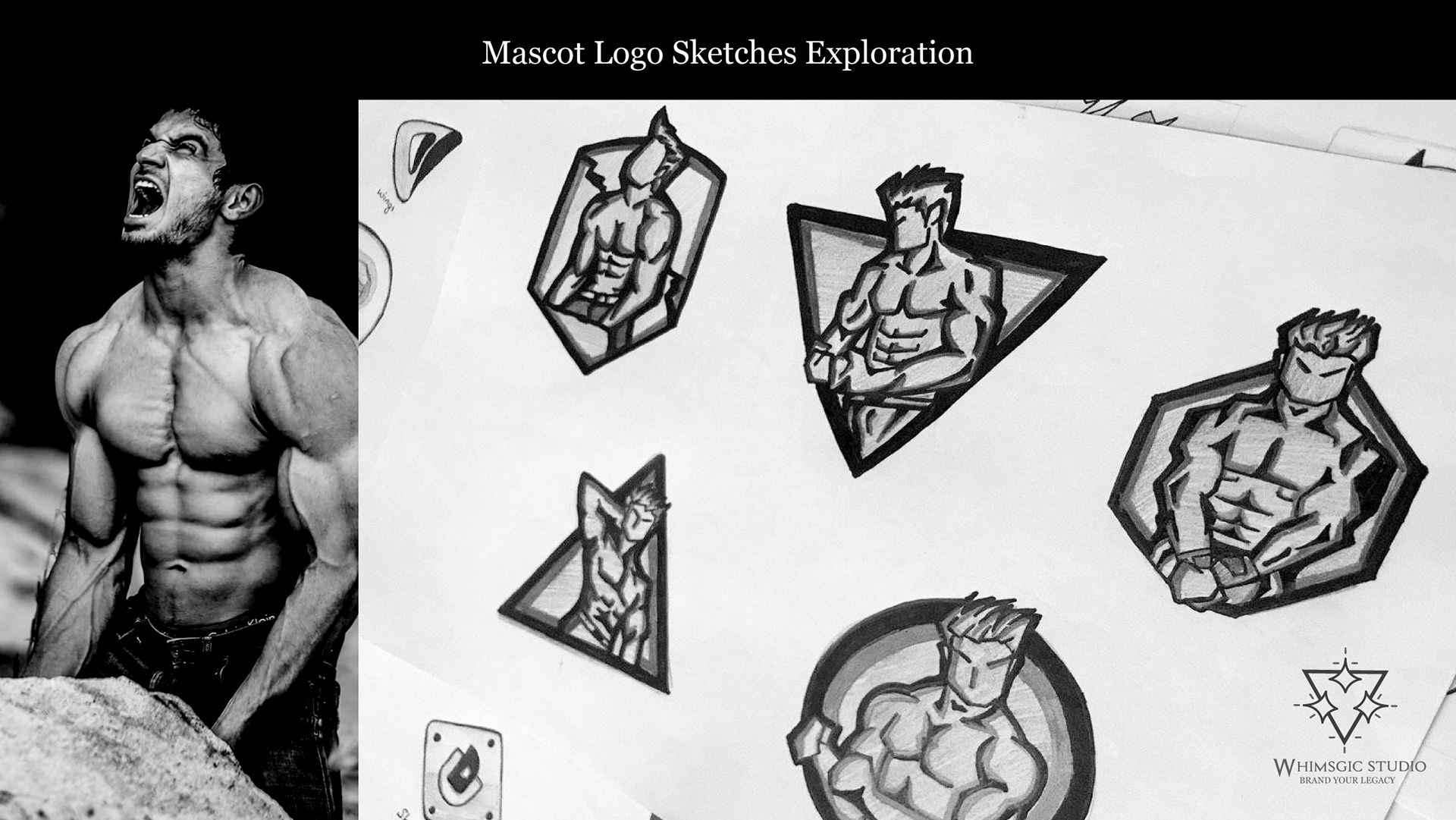 Dheeru athlete personal brand: mascot logo sketches exploration beside a photo of the athlete