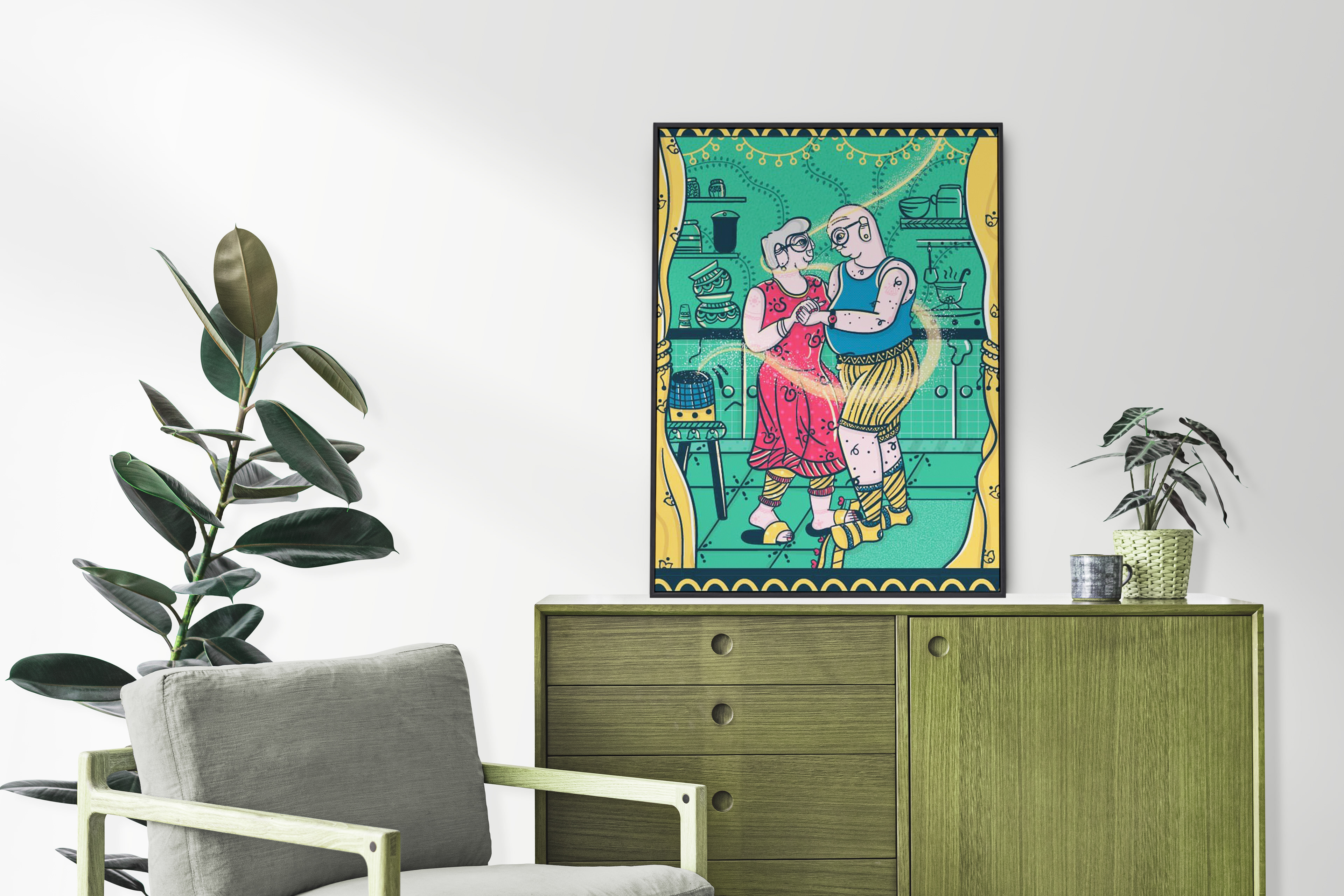 Epiphany Madhubani experimental illustrations: #44 Framed artwork on a sideboard