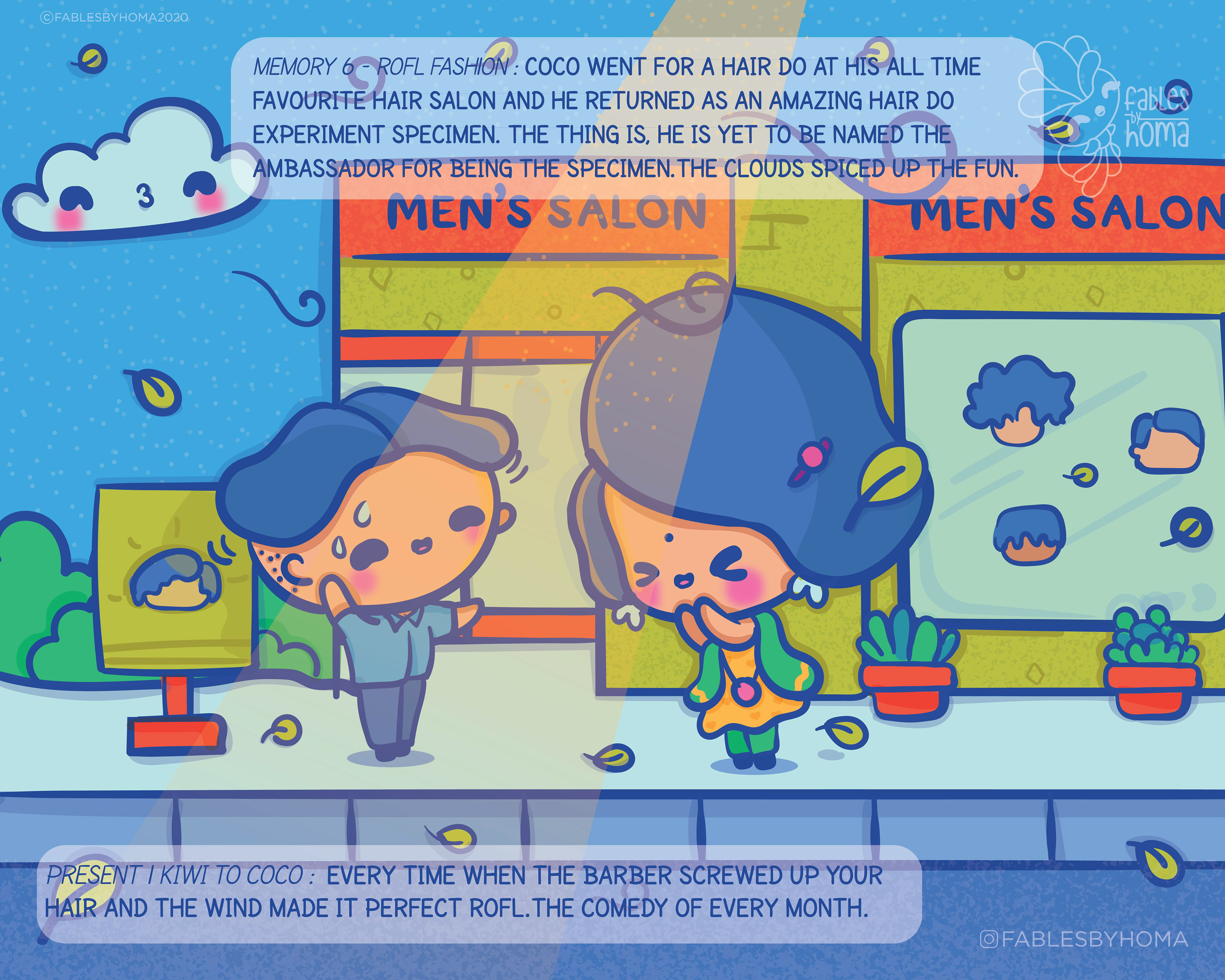 Quirky couple Coco and Kiwi, kawaii nouveau: #8 Outside the men’s salon